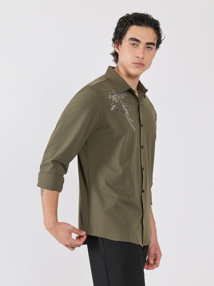 men's shirt -leaf design Embellished with stone in olive