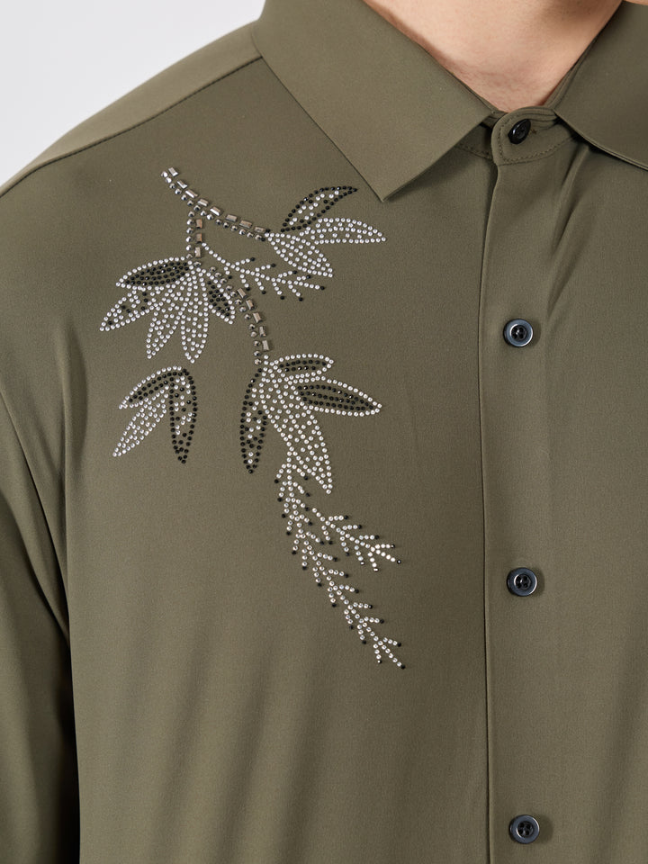 men's shirt -leaf design Embellished with stone in olive