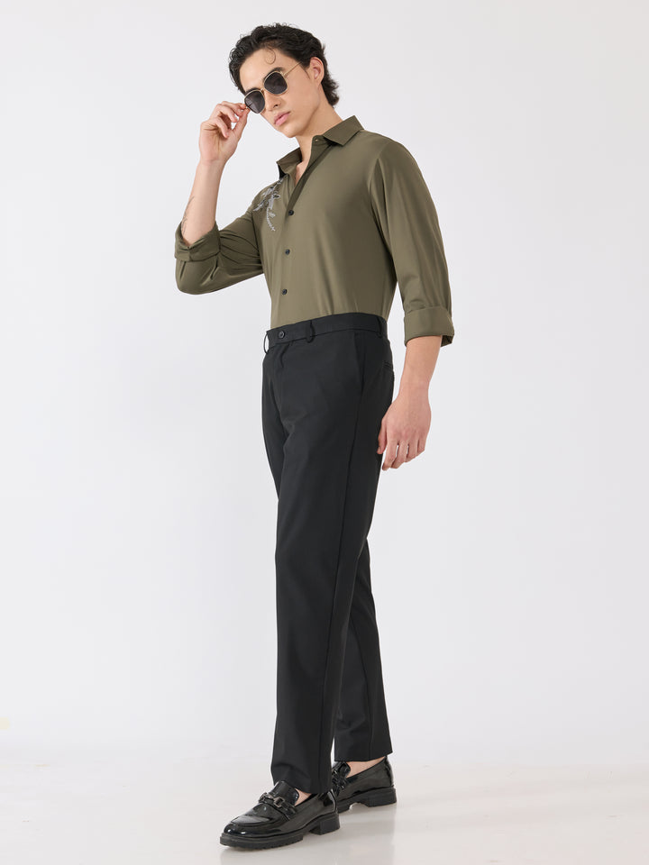 men's shirt -leaf design Embellished with stone in olive