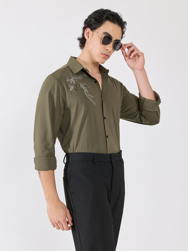 Osmond - Leaf Design Embellished Shirt - Olive