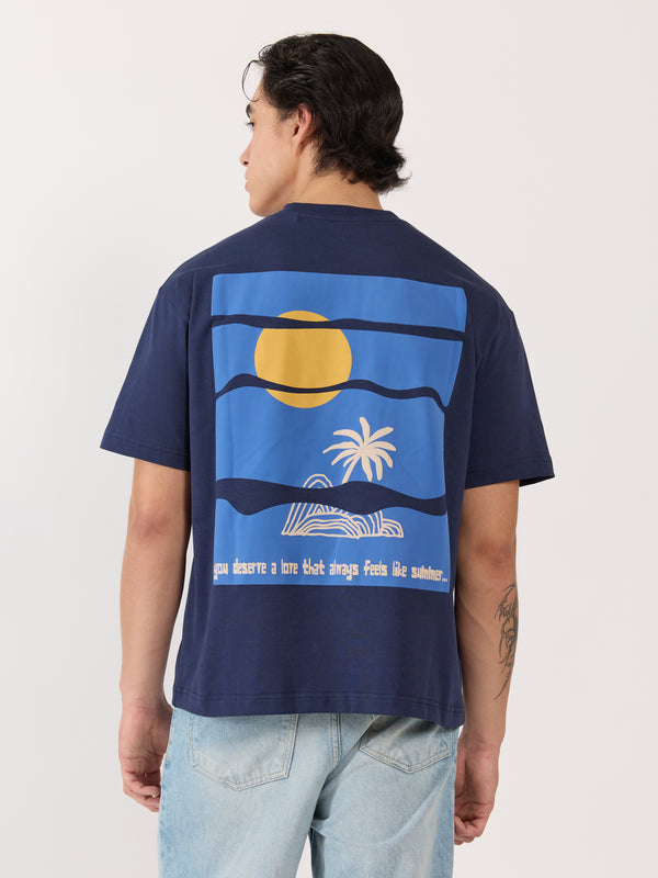 Sheldon - Tropical Sunset Graphic Navy Blue Loose Fit T-Shirt