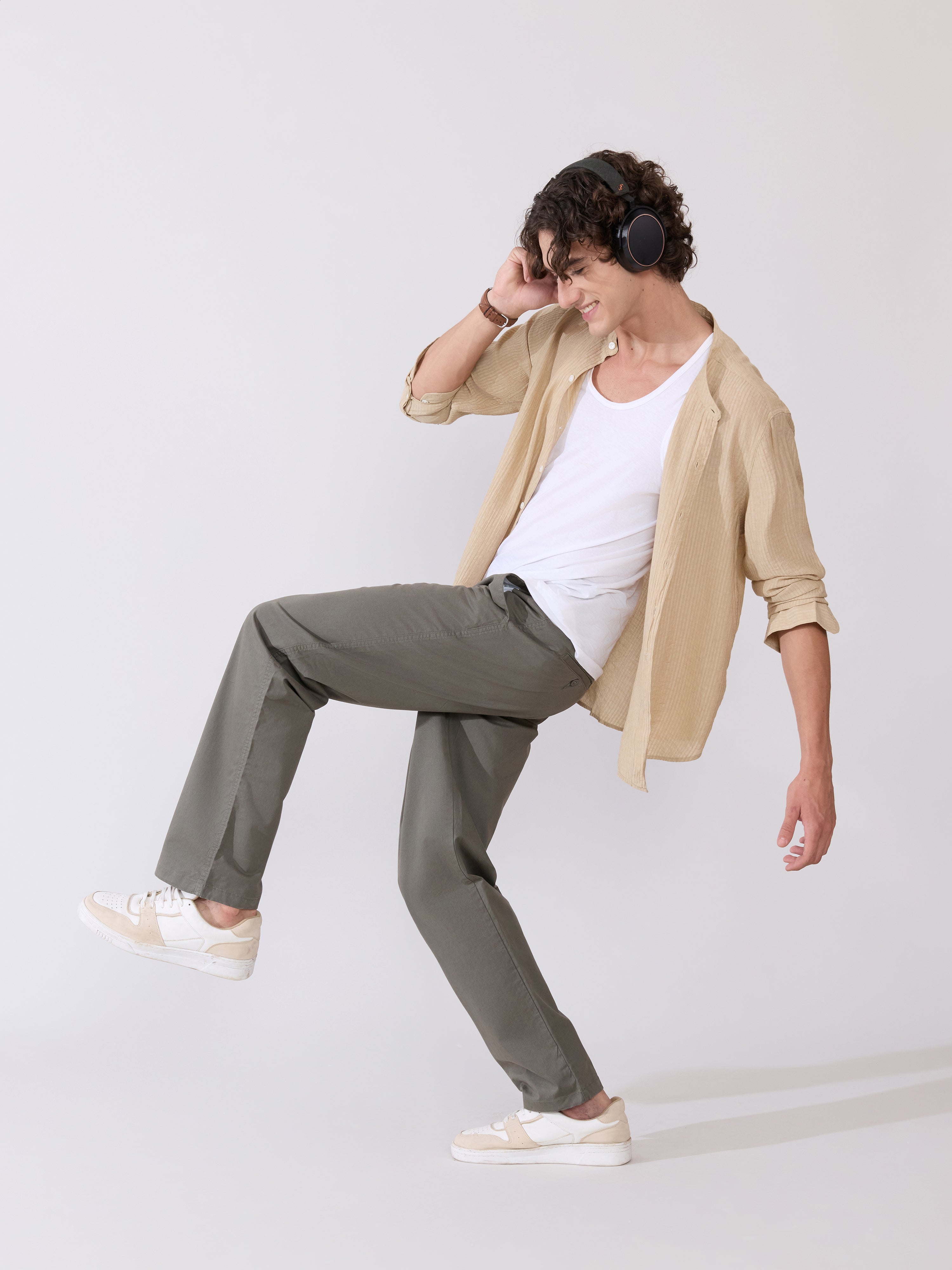 Yometo - Striped Band Neck Shirt - Tan Beige
