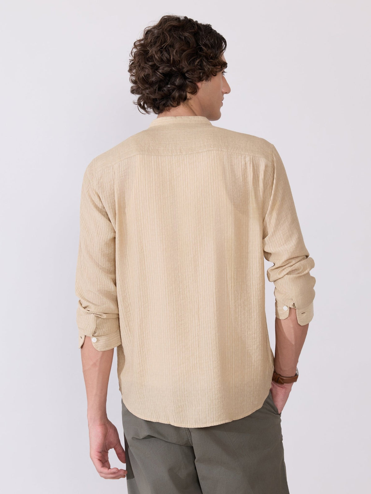 Yometo - Striped Band Neck Shirt - Tan Beige - Espanshe