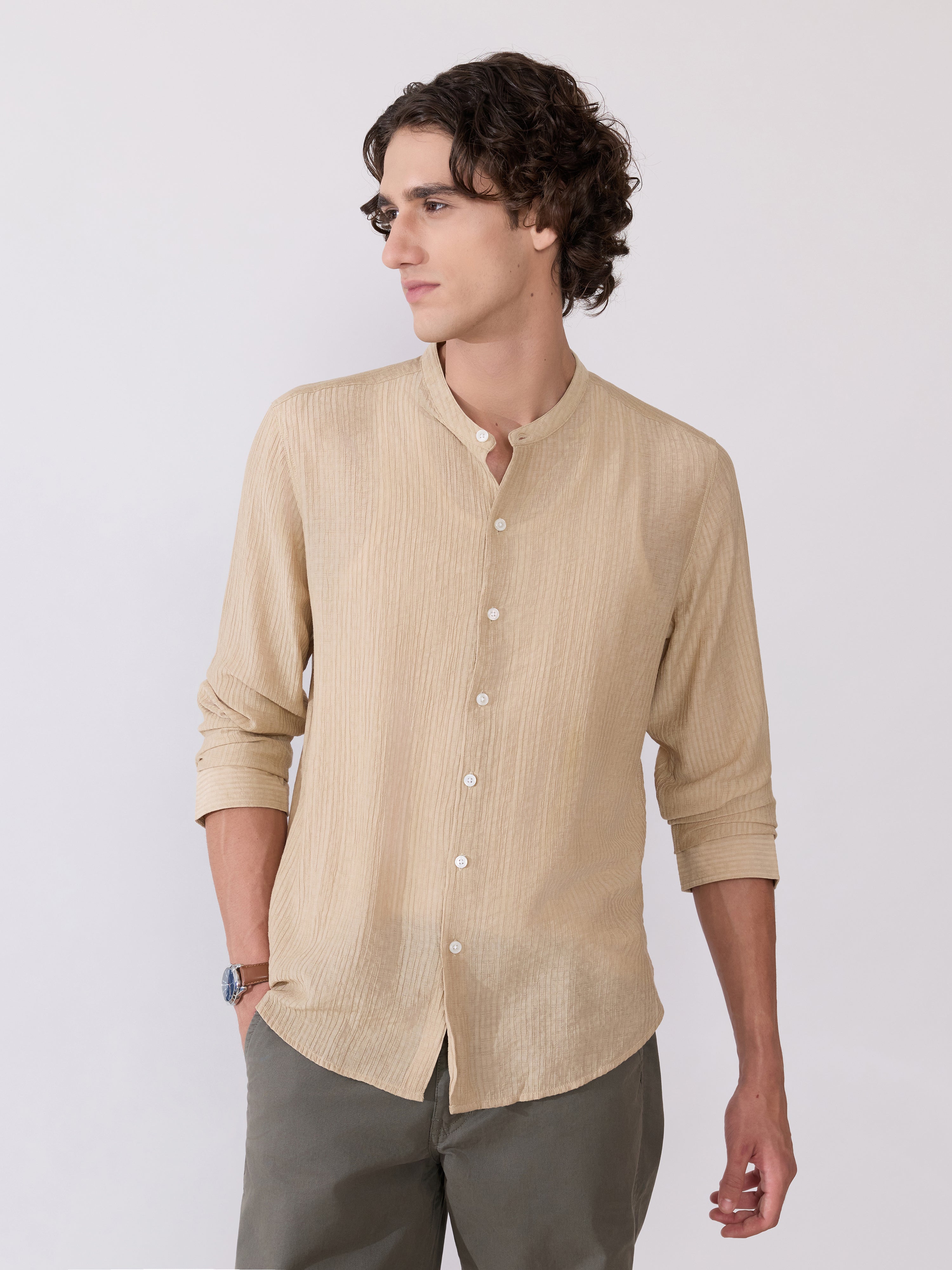Yometo - Striped Band Neck Shirt - Tan Beige