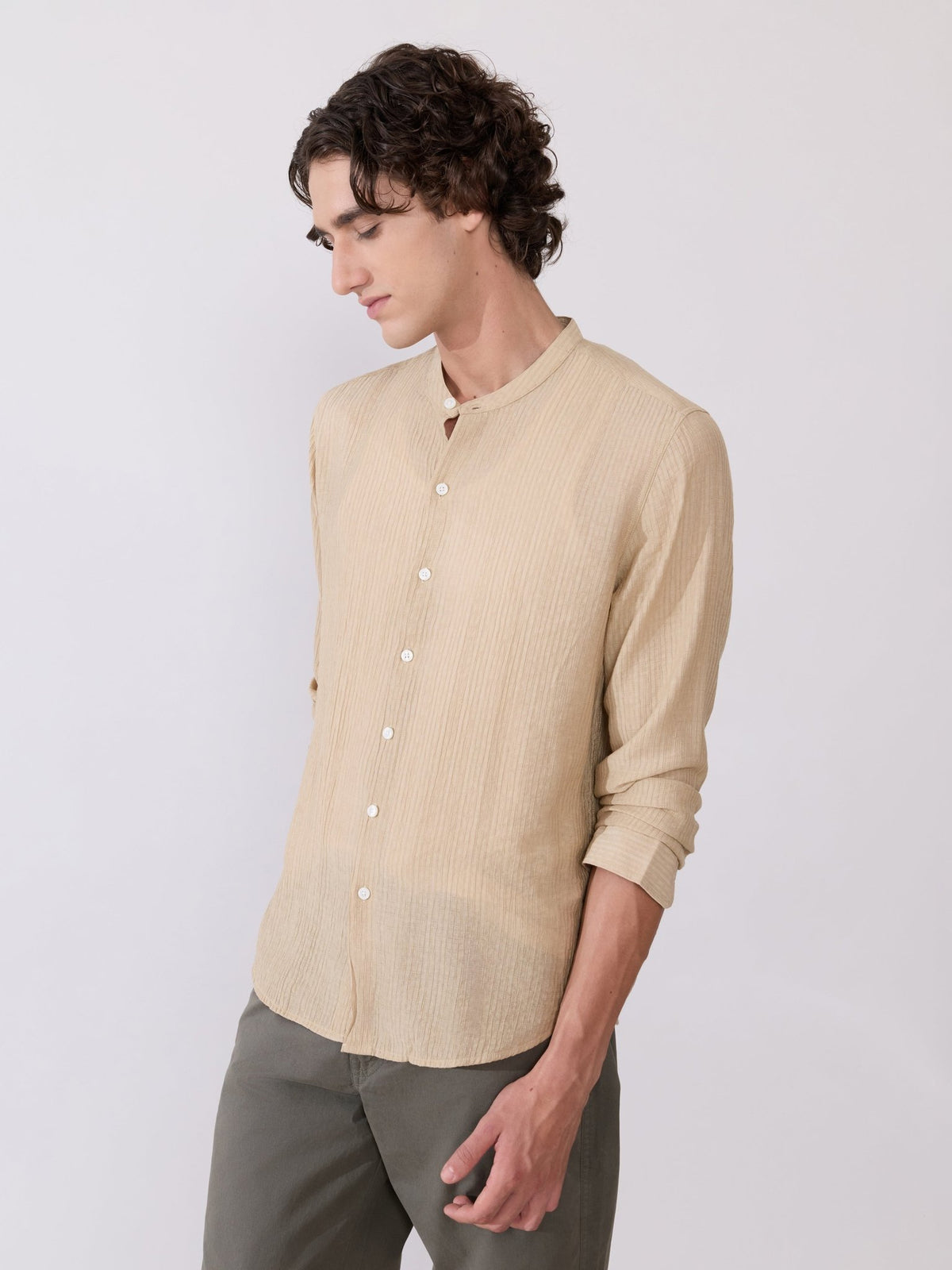 Yometo - Striped Band Neck Shirt - Tan Beige - Espanshe