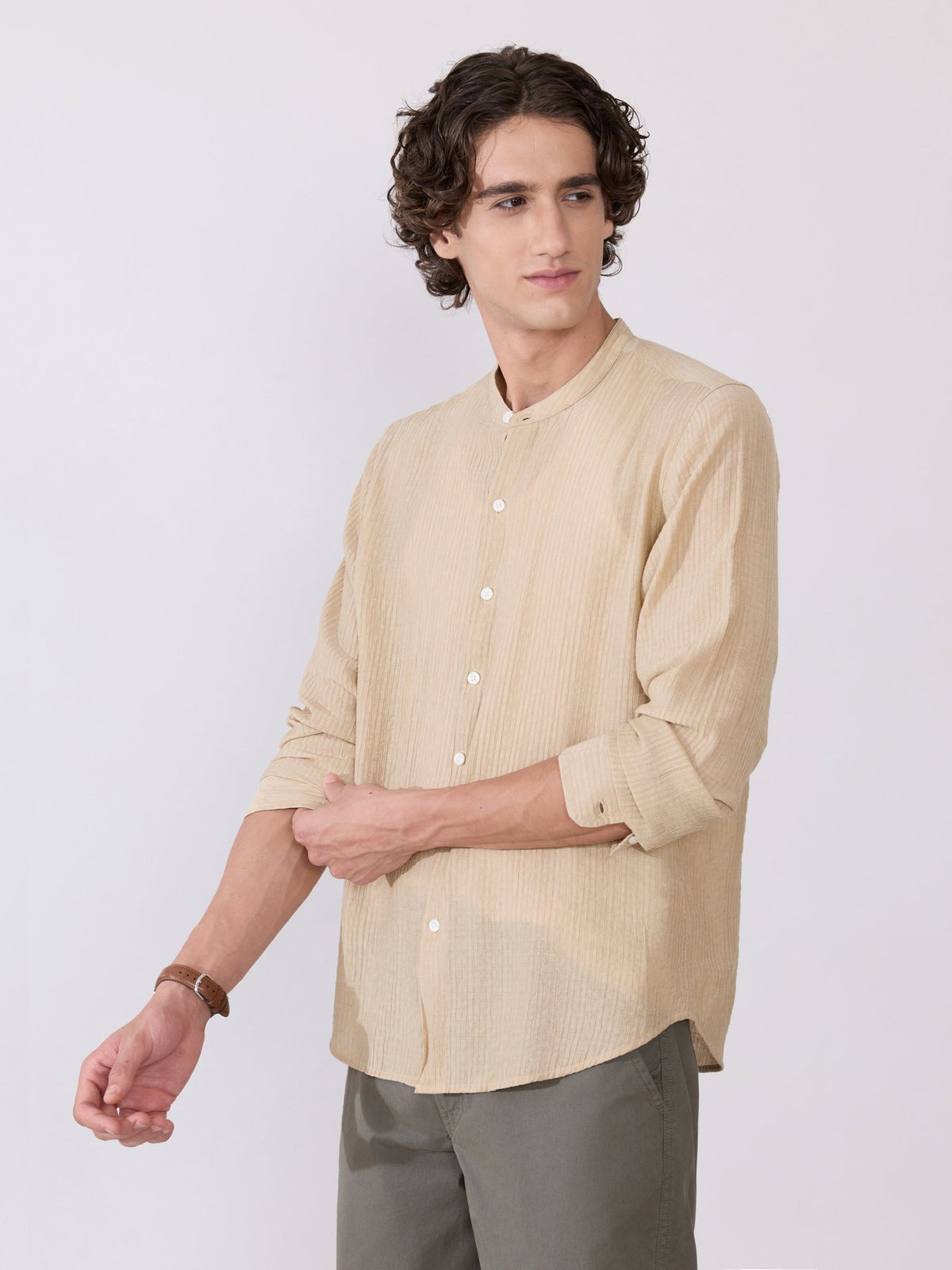 Yometo - Striped Band Neck Shirt - Tan Beige - Espanshe