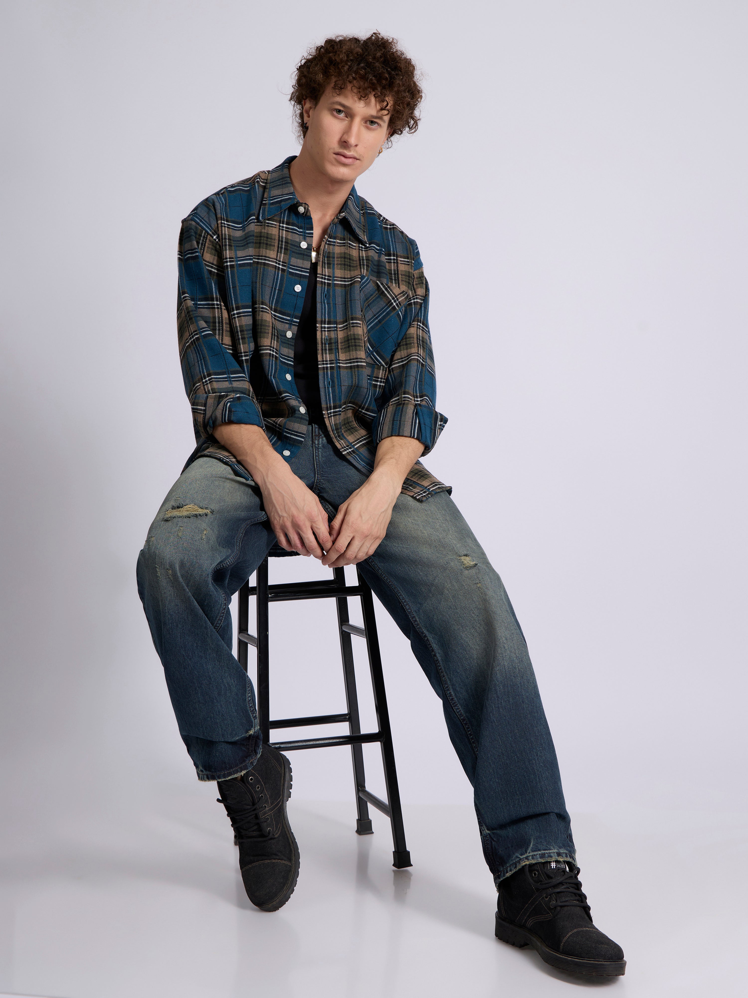 Talbot - Drop Shoulder Checks Shirt - Blue