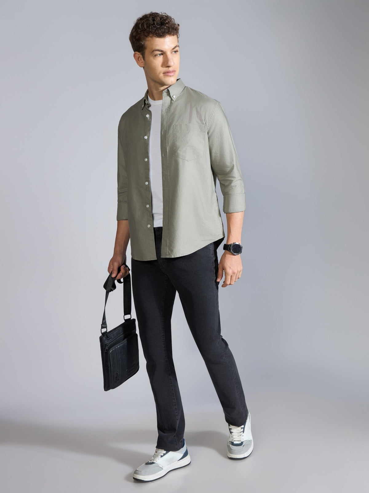 Orbit - Relaxed Fit Oxford Shirt With Elbow Patch - Sage Green - Espanshe