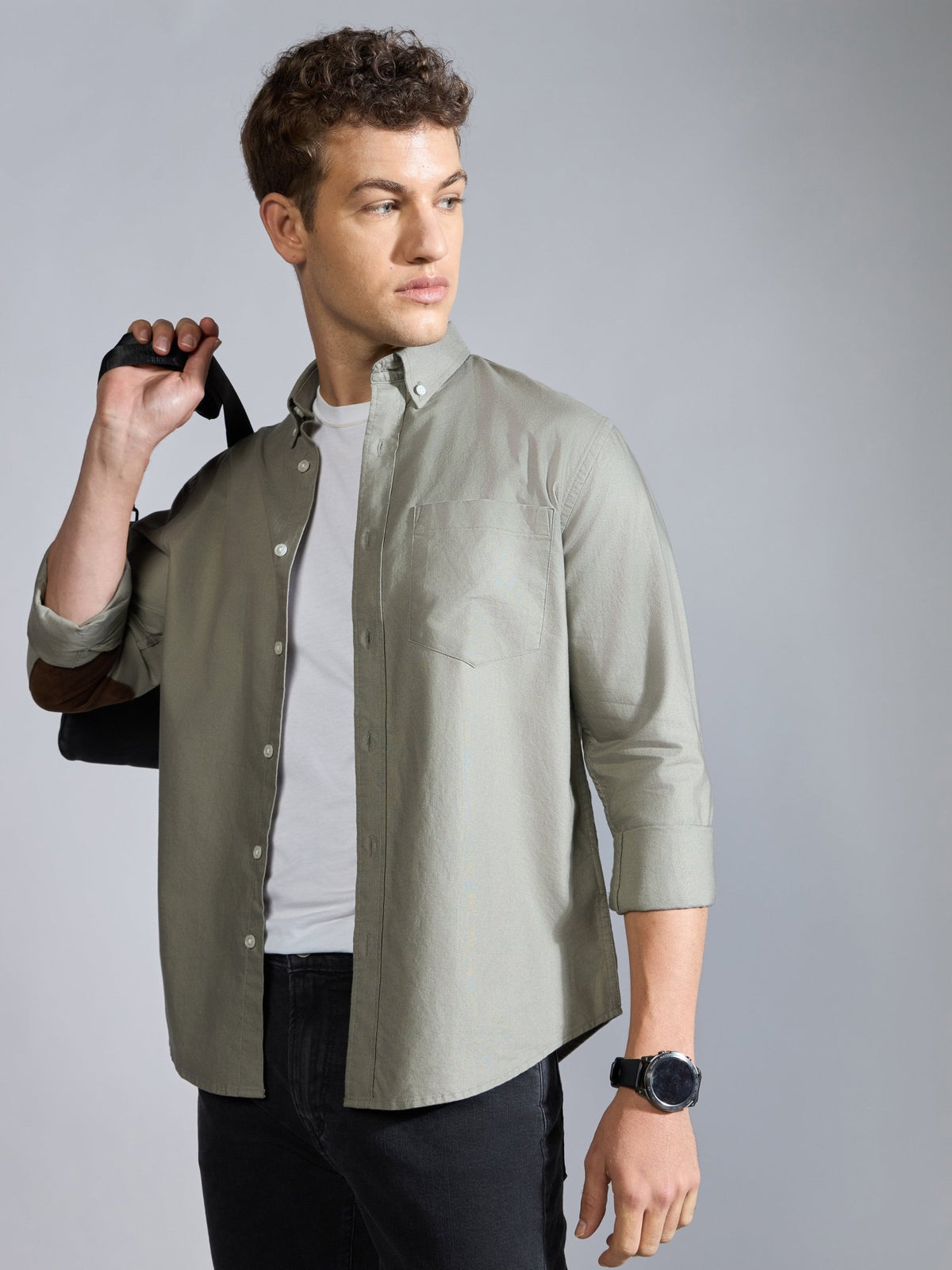 Orbit - Relaxed Fit Oxford Shirt With Elbow Patch - Sage Green - Espanshe