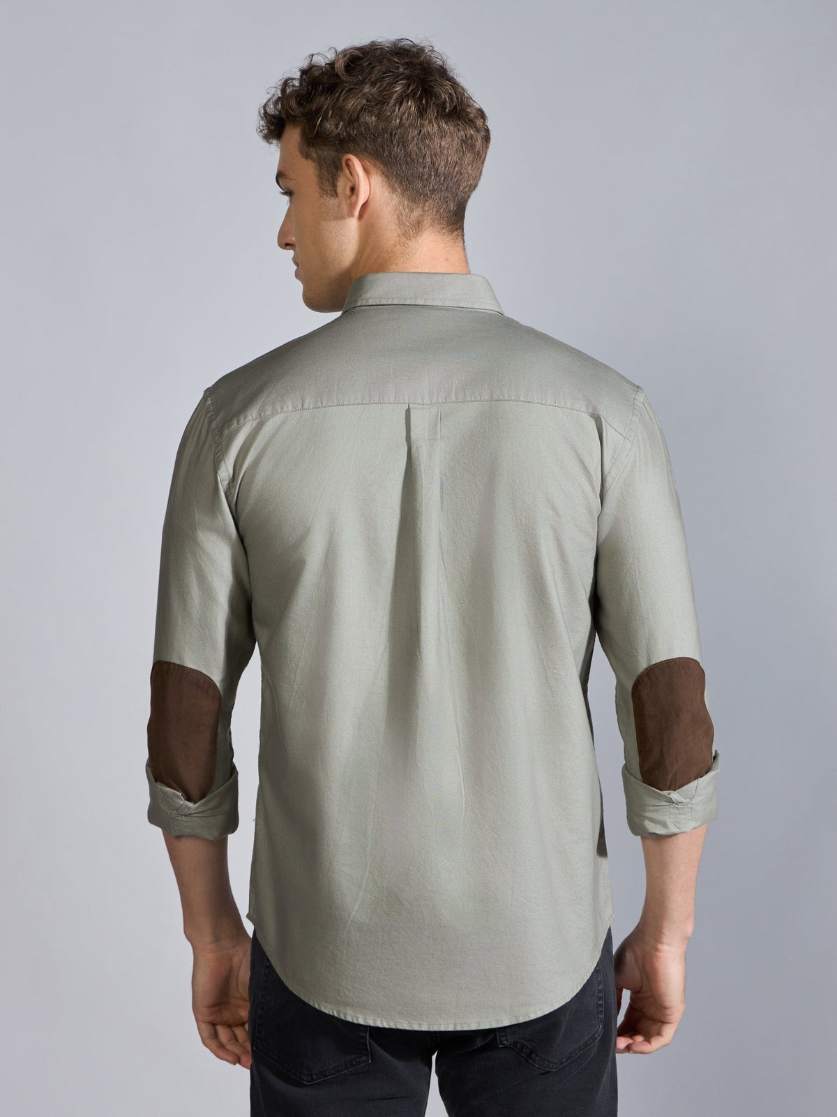 Orbit - Relaxed Fit Oxford Shirt With Elbow Patch - Sage Green - Espanshe