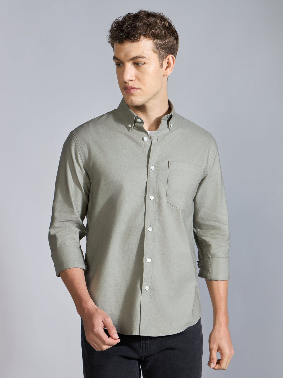 Orbit - Relaxed Fit Oxford Shirt With Elbow Patch - Sage Green - Espanshe