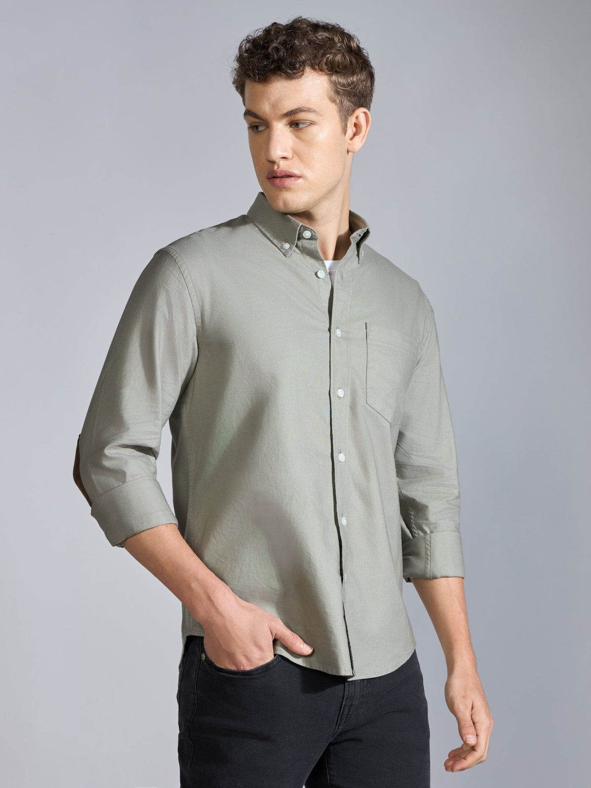 Orbit - Relaxed Fit Oxford Shirt With Elbow Patch - Sage Green - Espanshe