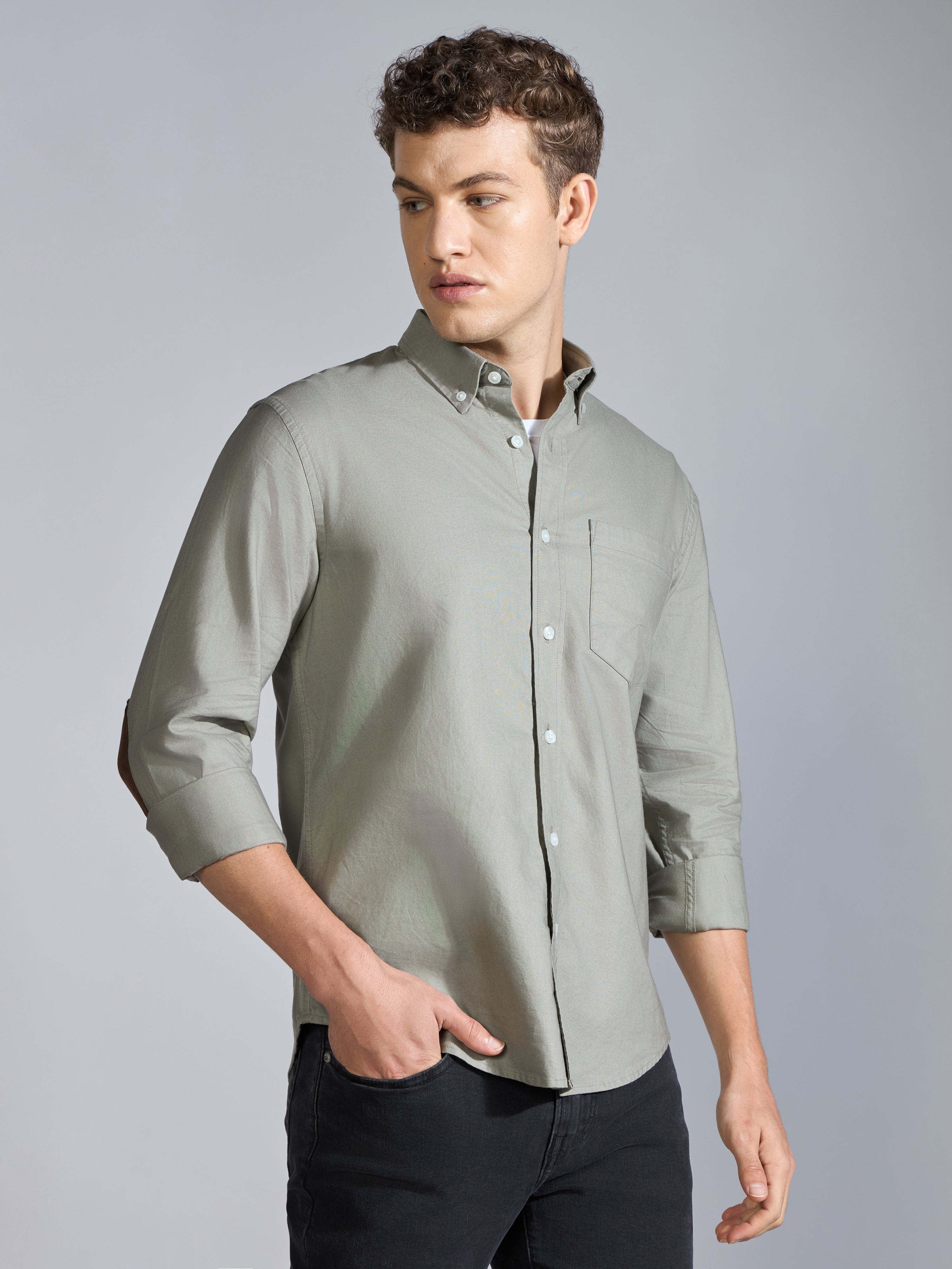 Orbit -  Relaxed Fit Oxford Shirt With Elbow Patch - Sage Green