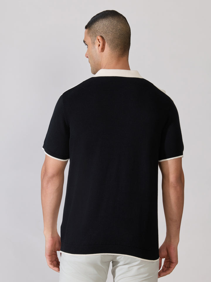 Regular Fit Textured Knit Polo T-Shirt - Black & Cream