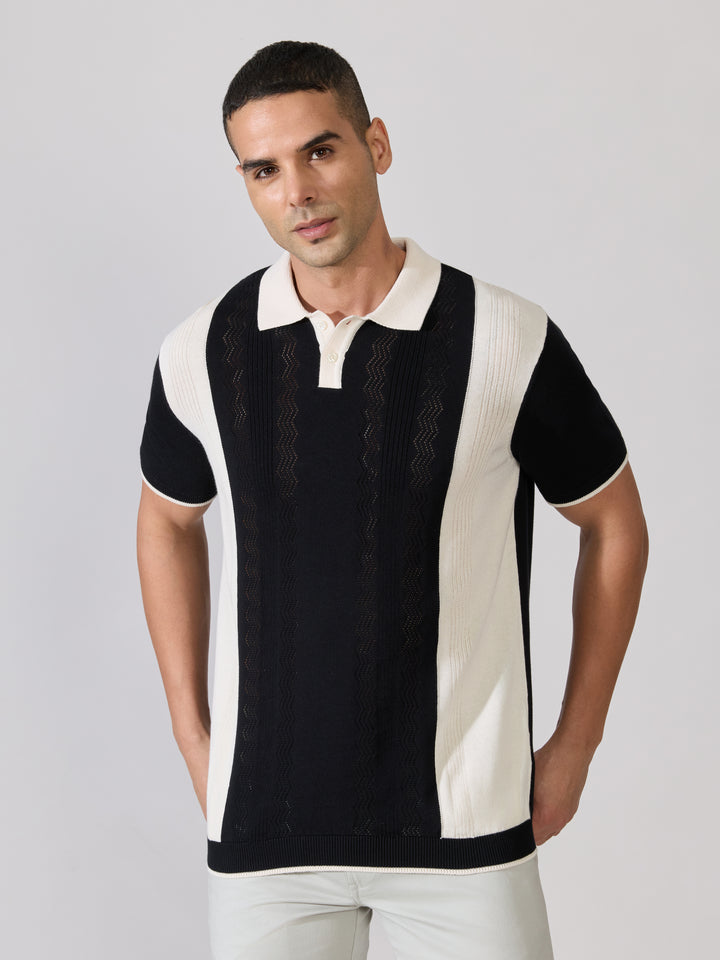Regular Fit Textured Knit Polo T-Shirt - Black & Cream