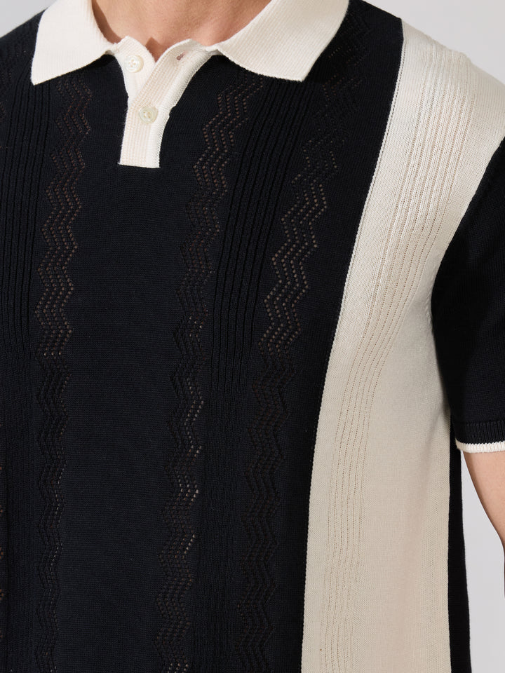Regular Fit Textured Knit Polo T-Shirt - Black & Cream