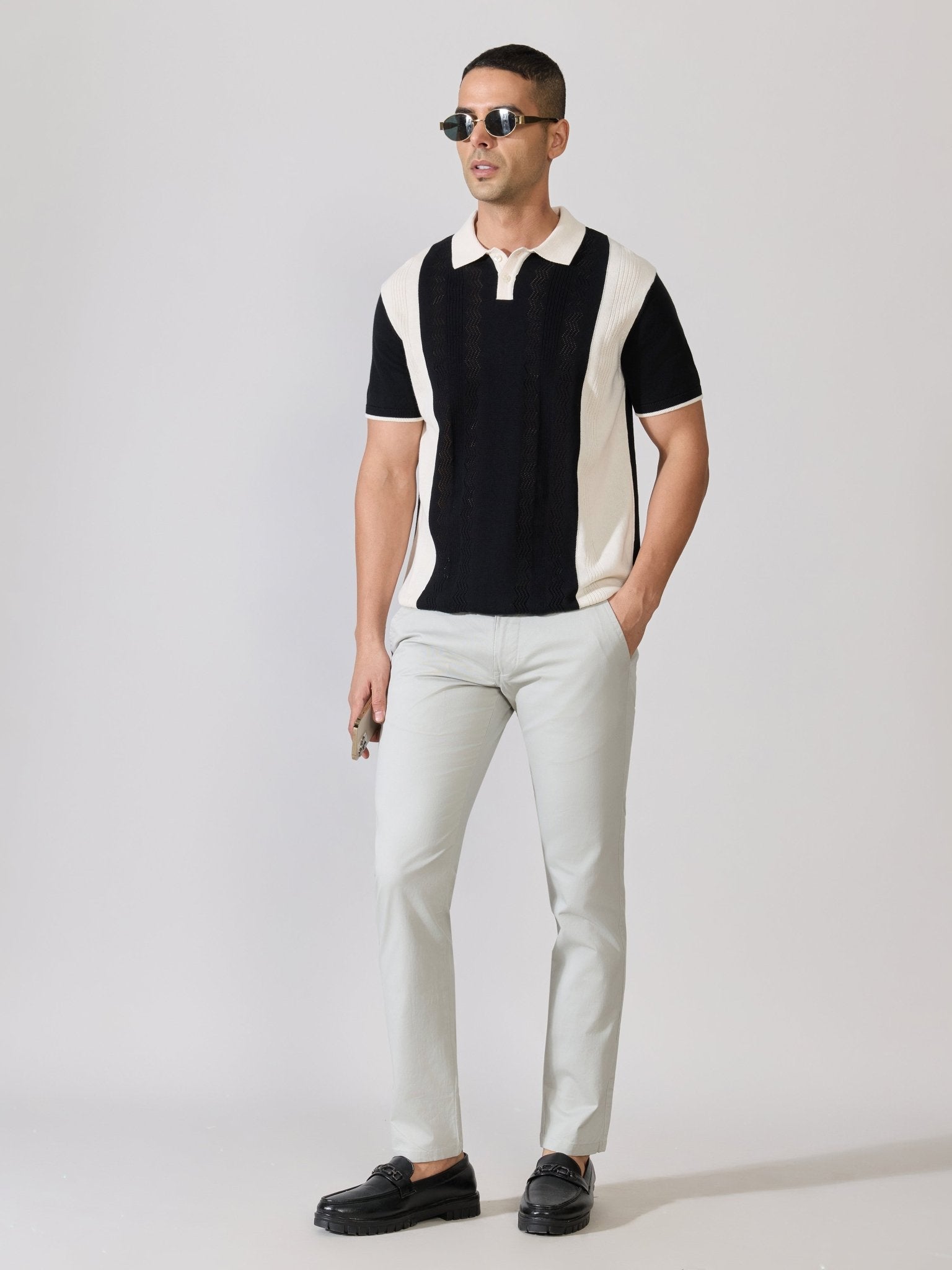 Kikeos-1 - Regular Fit Textured Knit Polo T-Shirt - Black & Cream - Espanshe