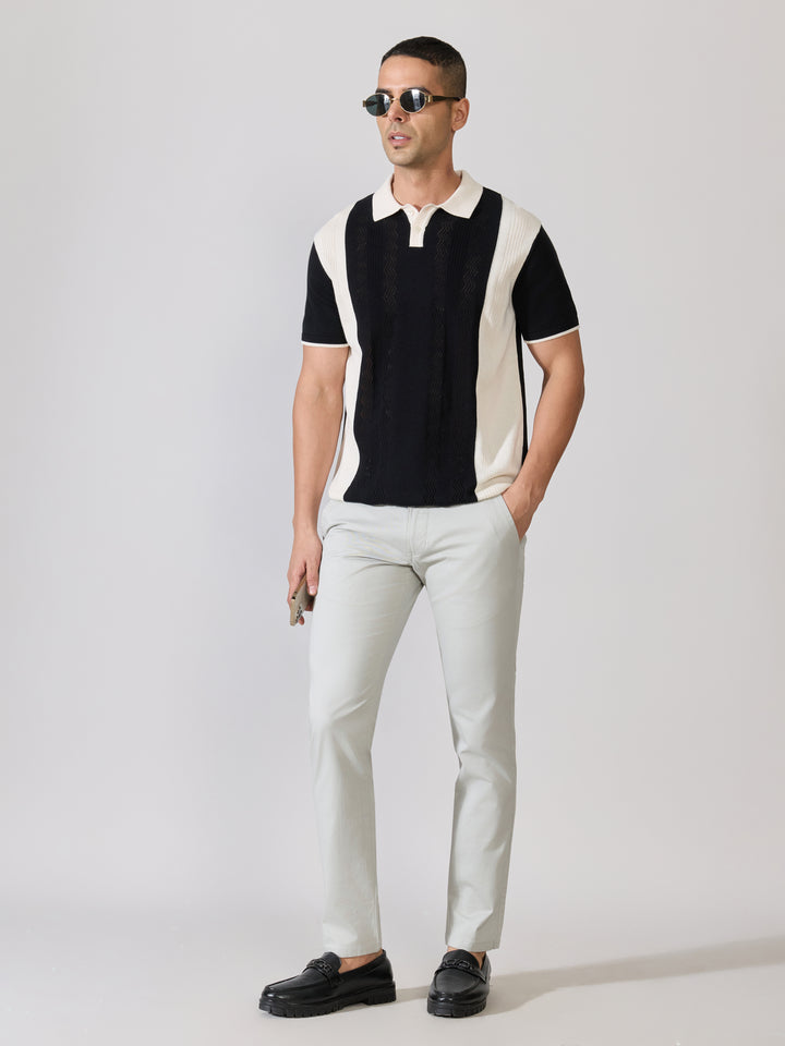 Regular Fit Textured Knit Polo T-Shirt - Black & Cream