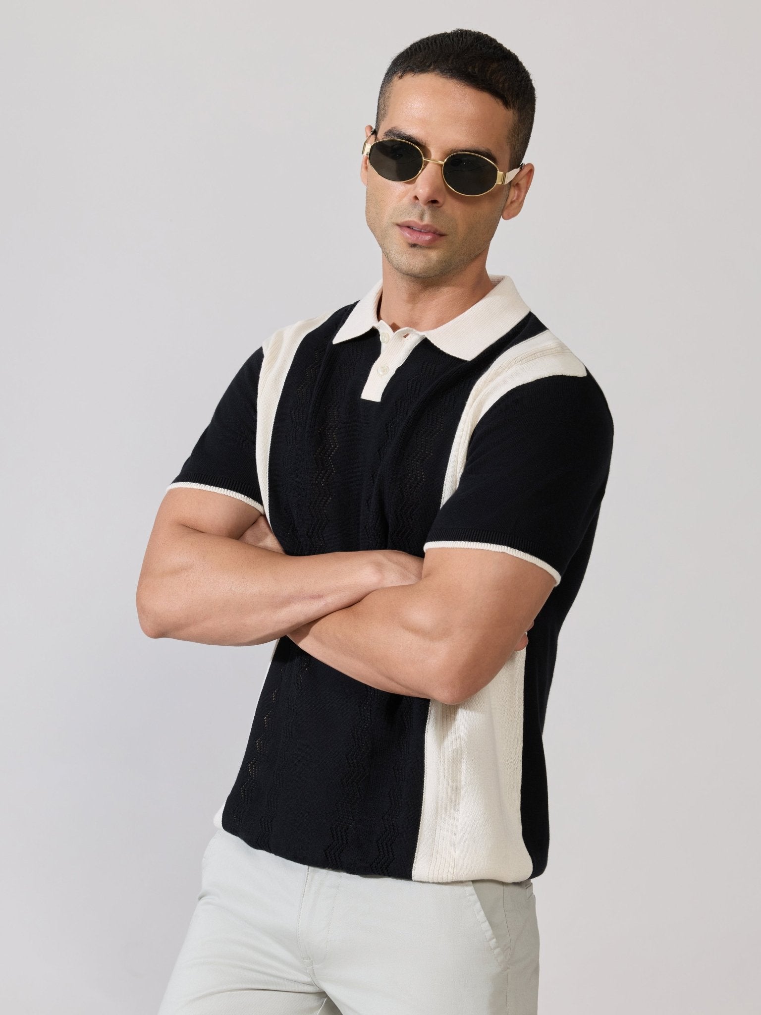 Kikeos-1 - Regular Fit Textured Knit Polo T-Shirt - Black & Cream - Espanshe