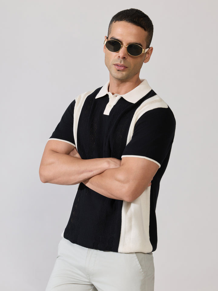 Regular Fit Textured Knit Polo T-Shirt - Black & Cream
