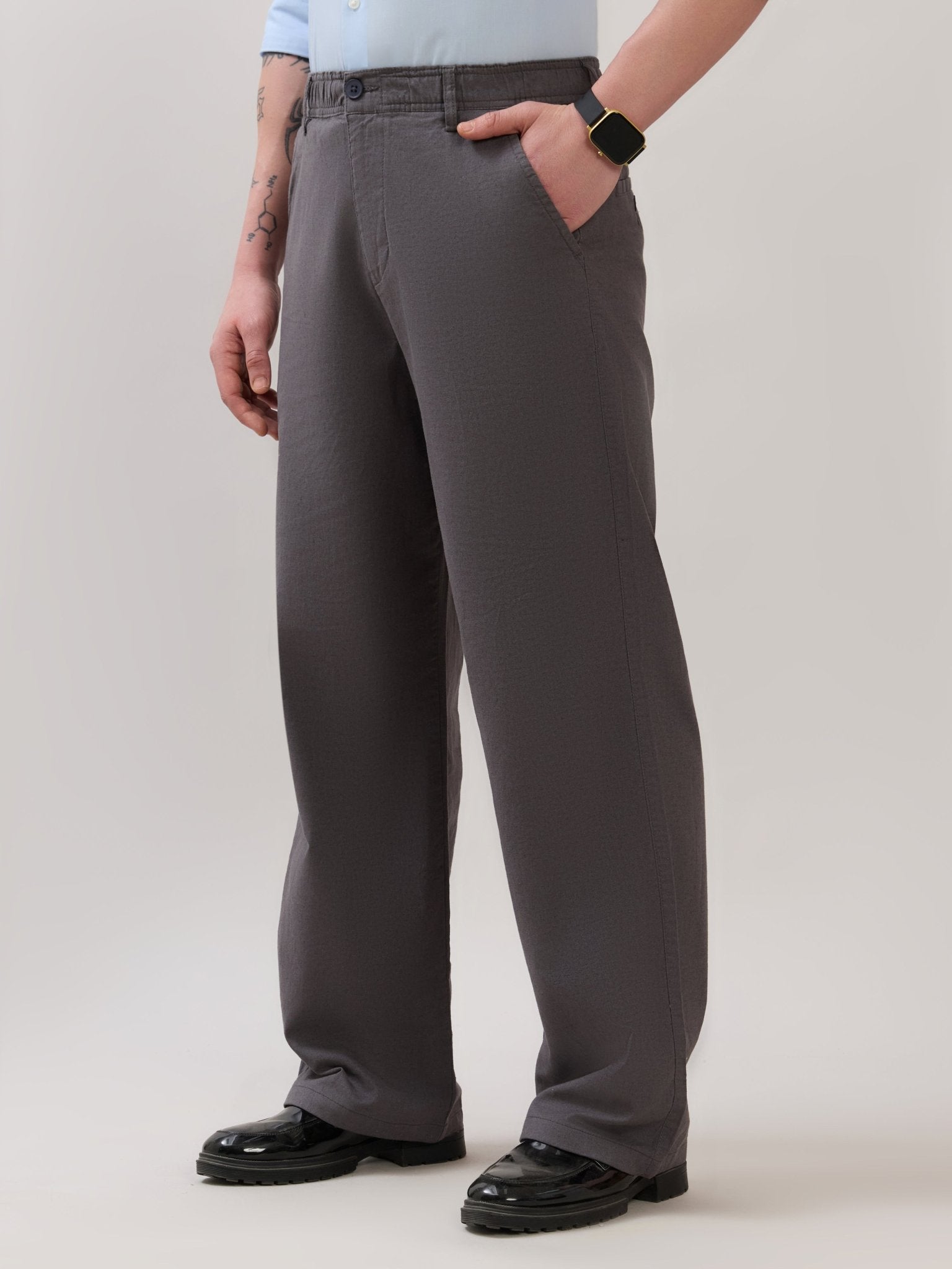 Chic - Loose Fit Linen Pant - Grey Pinstripe - Espanshe