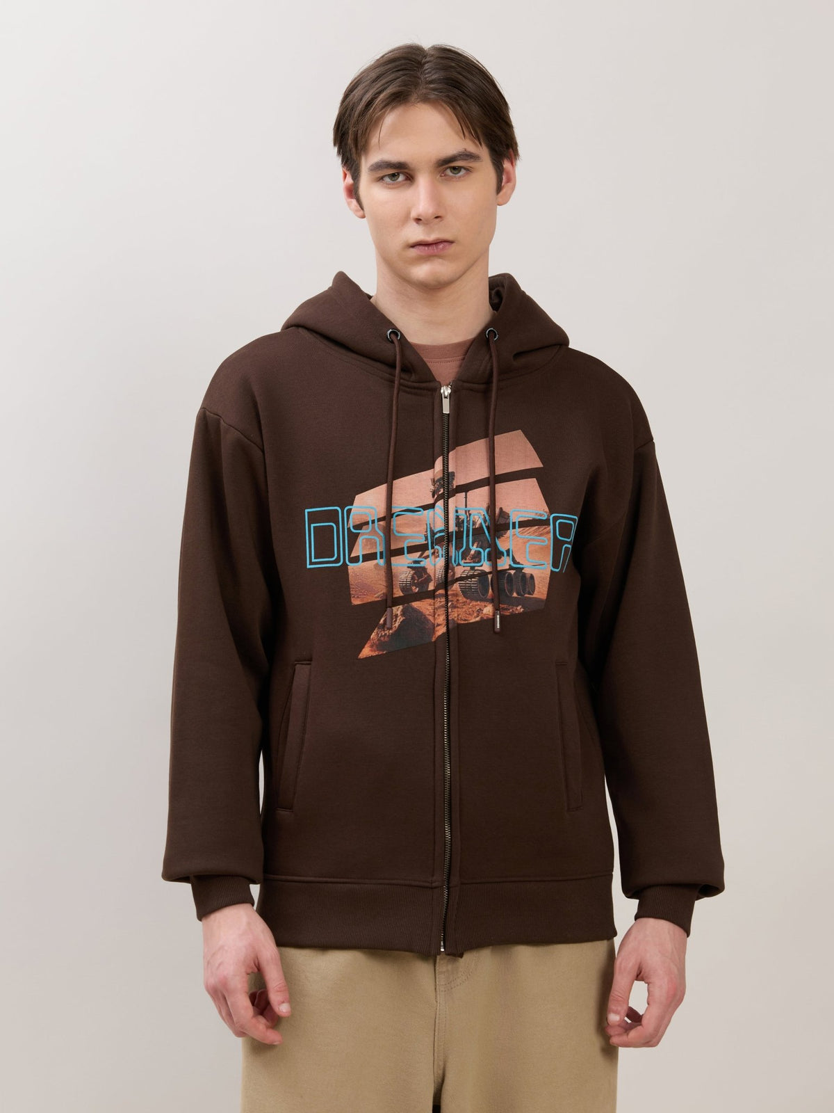 Apex - Relaxed Fit Printed Zipper Hoodies - Dark Brown - Espanshe
