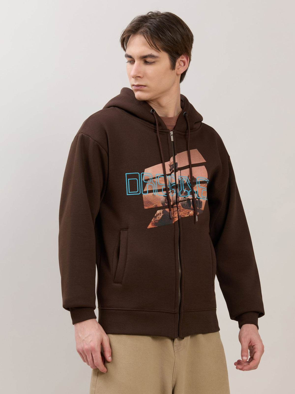 Apex - Relaxed Fit Printed Zipper Hoodies - Dark Brown - Espanshe
