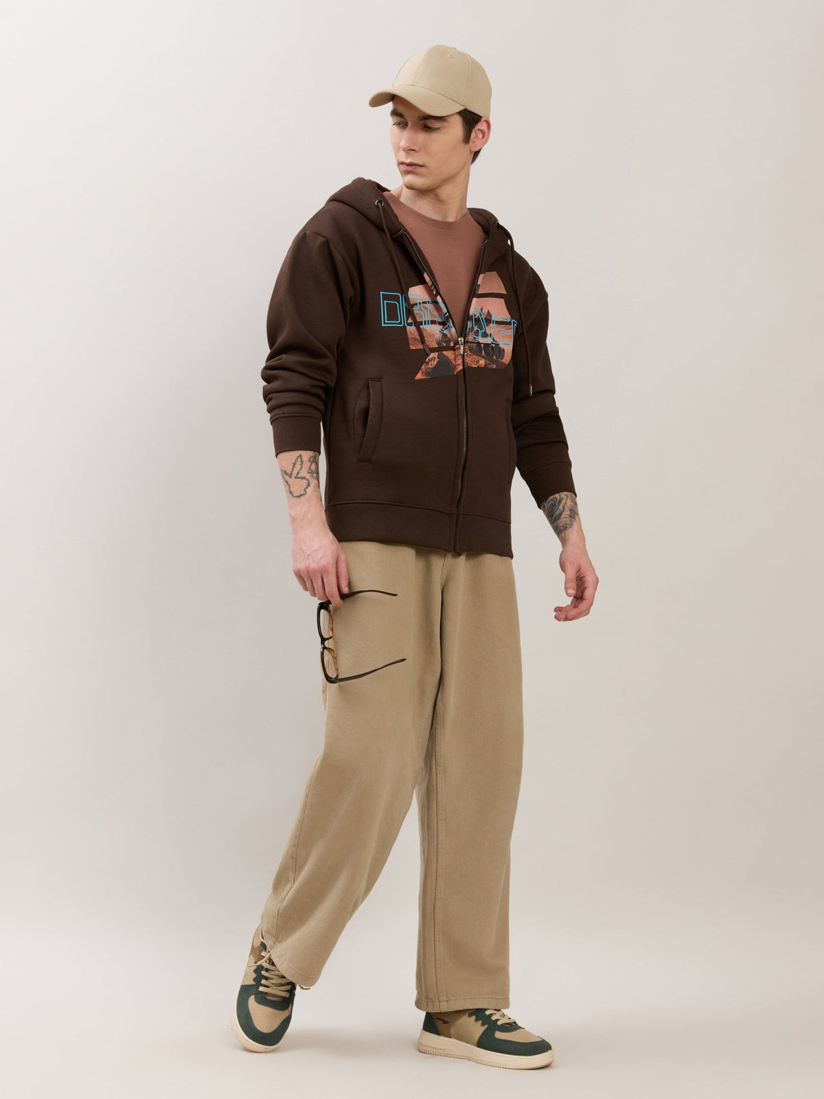 Apex - Relaxed Fit Printed Zipper Hoodies - Dark Brown - Espanshe