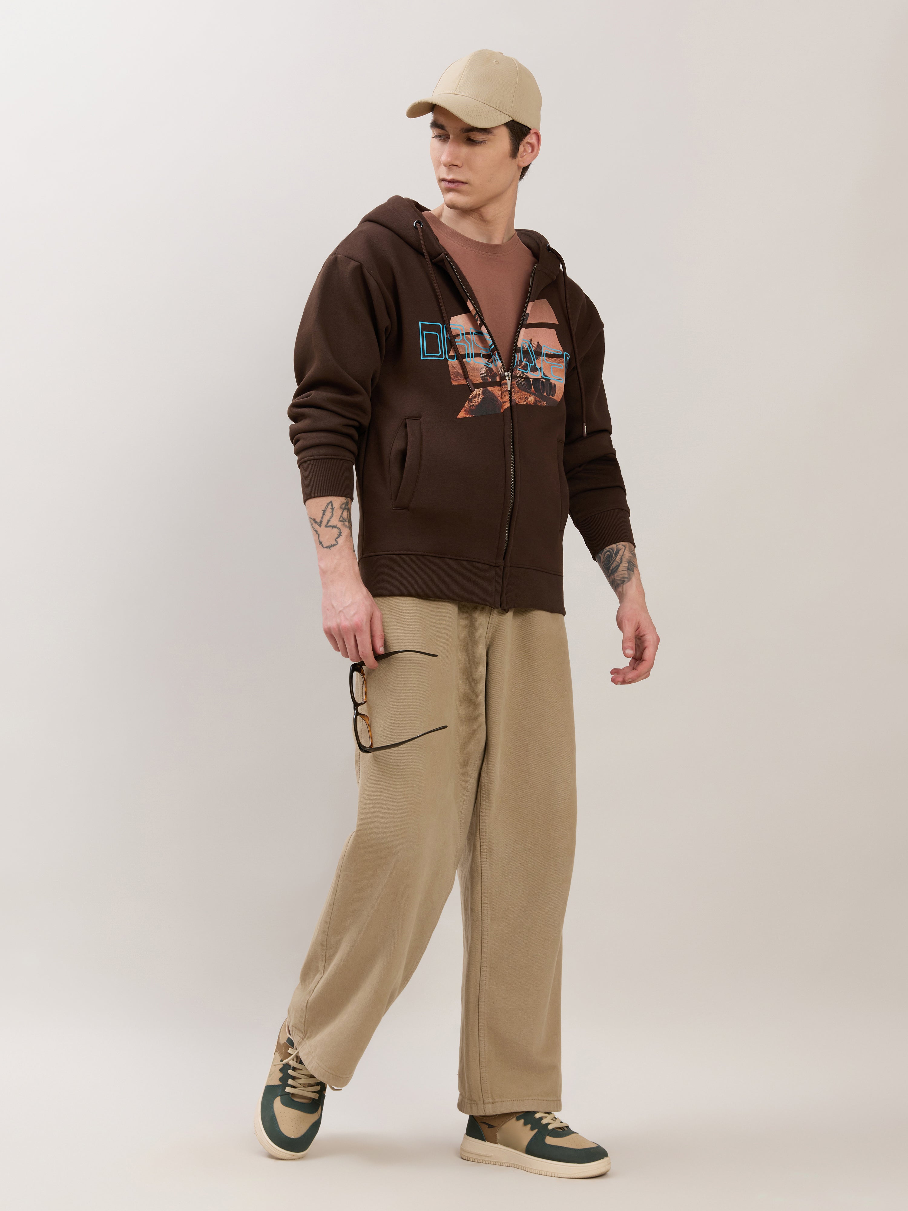 Apex - Relaxed Fit Printed Zipper Hoodies - Dark Brown