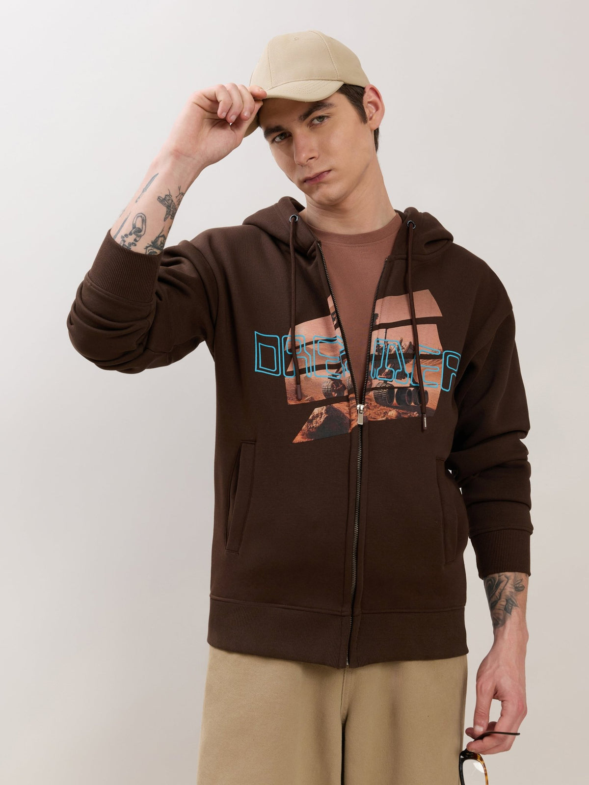 Apex - Relaxed Fit Printed Zipper Hoodies - Dark Brown - Espanshe