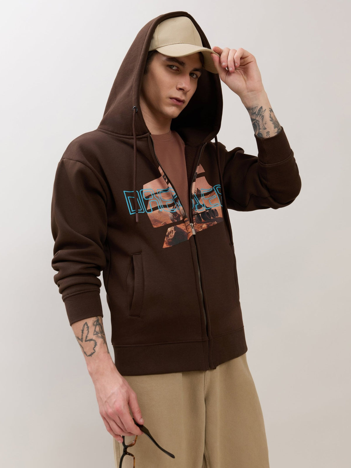 Apex - Relaxed Fit Printed Zipper Hoodies - Dark Brown - Espanshe