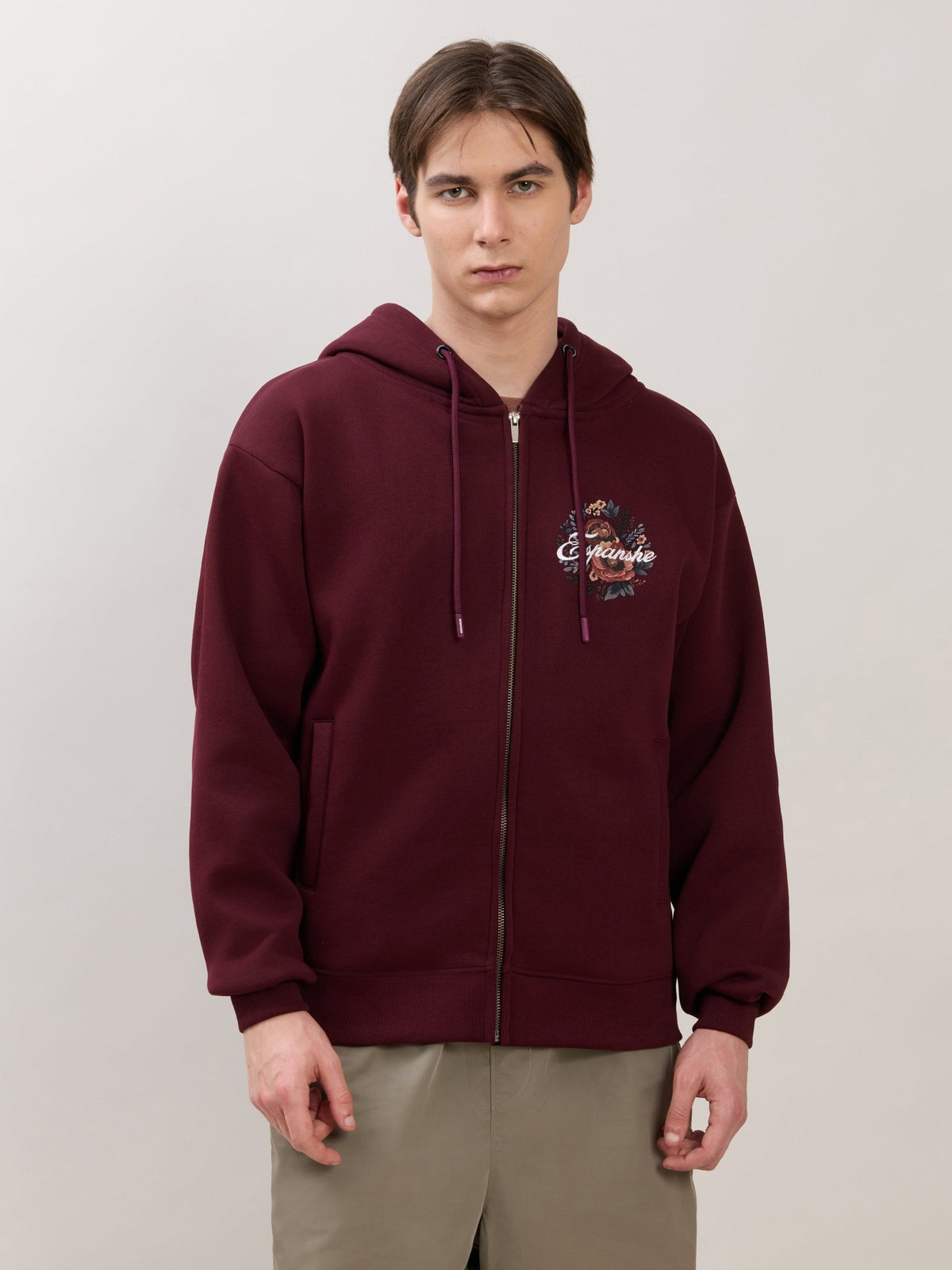 Apex - Relaxed Fit Printed Zipper Hoodies - Wine - Espanshe