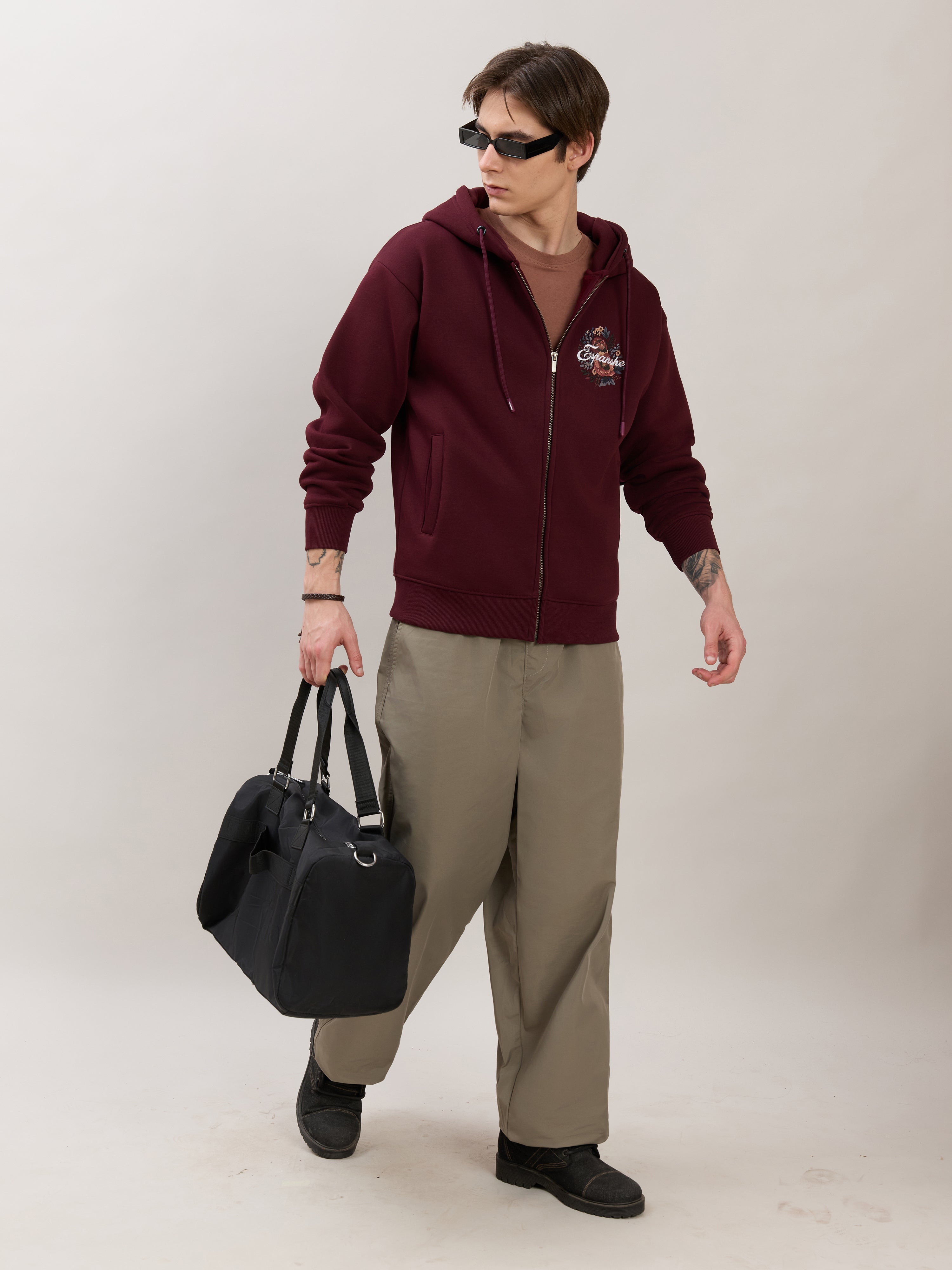 Apex - Relaxed Fit Printed Zipper Hoodies - Wine