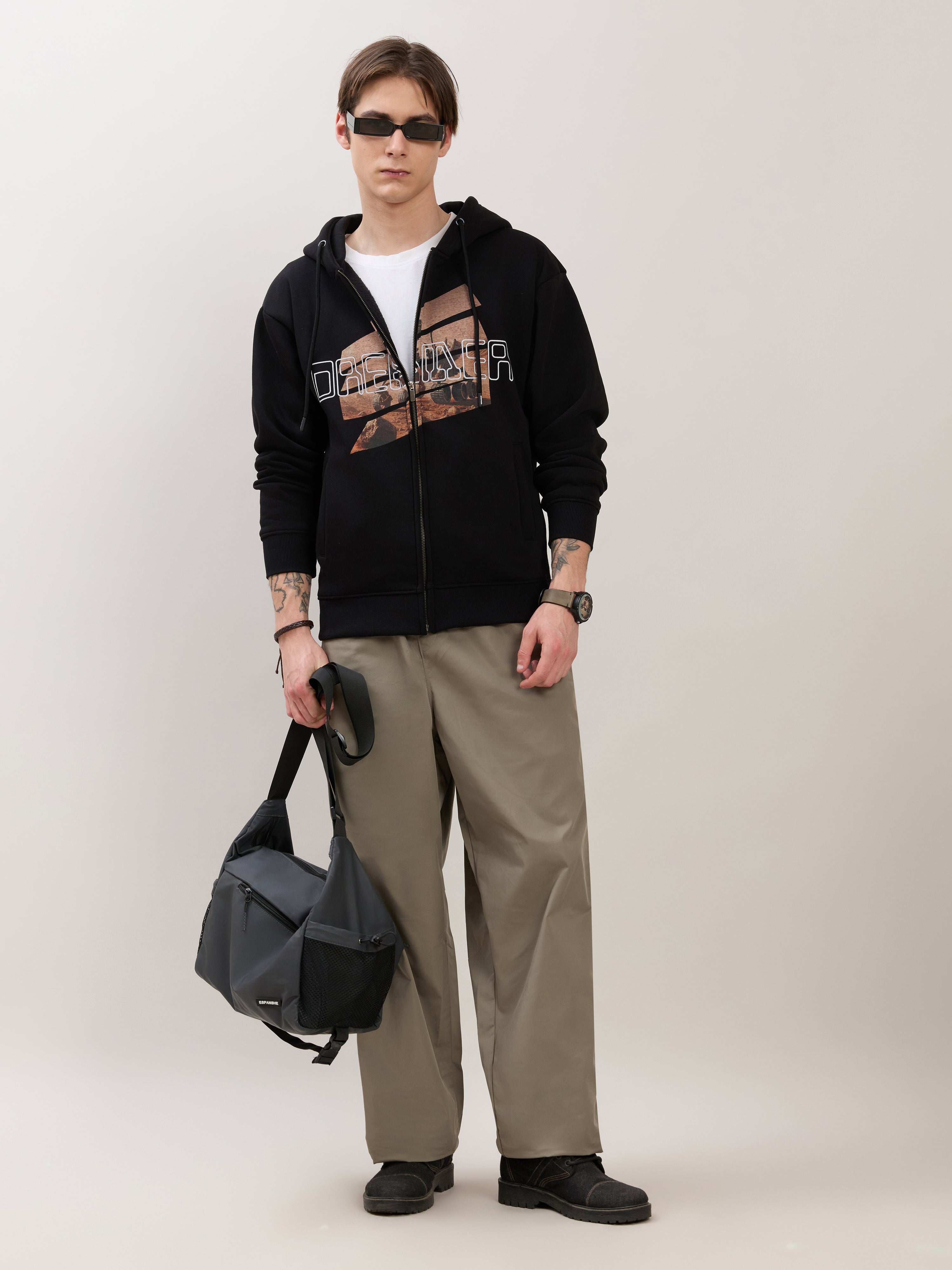 Apex - Relaxed Fit Printed Zipper Hoodies - Black