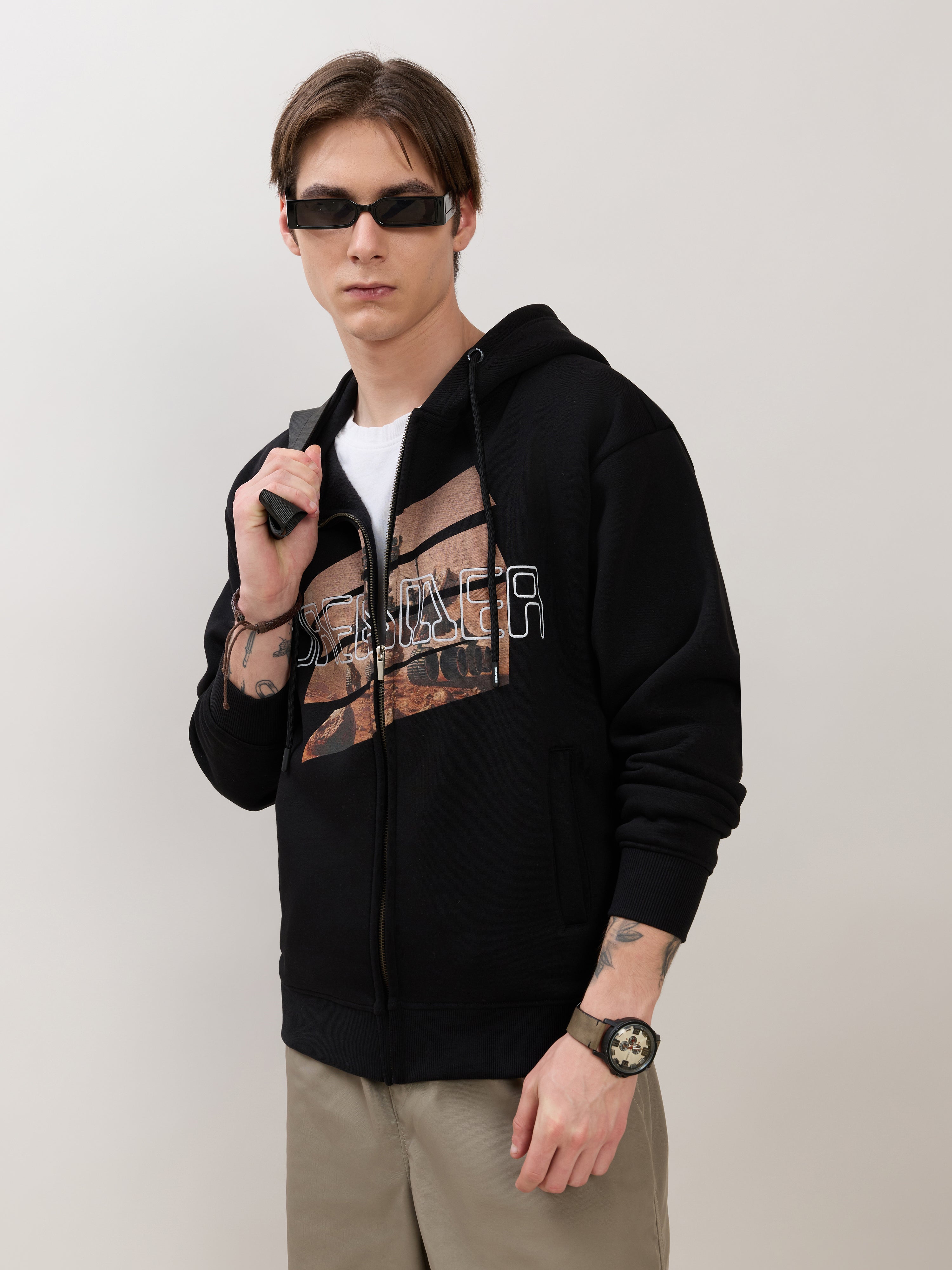 Apex - Relaxed Fit Printed Zipper Hoodies - Black