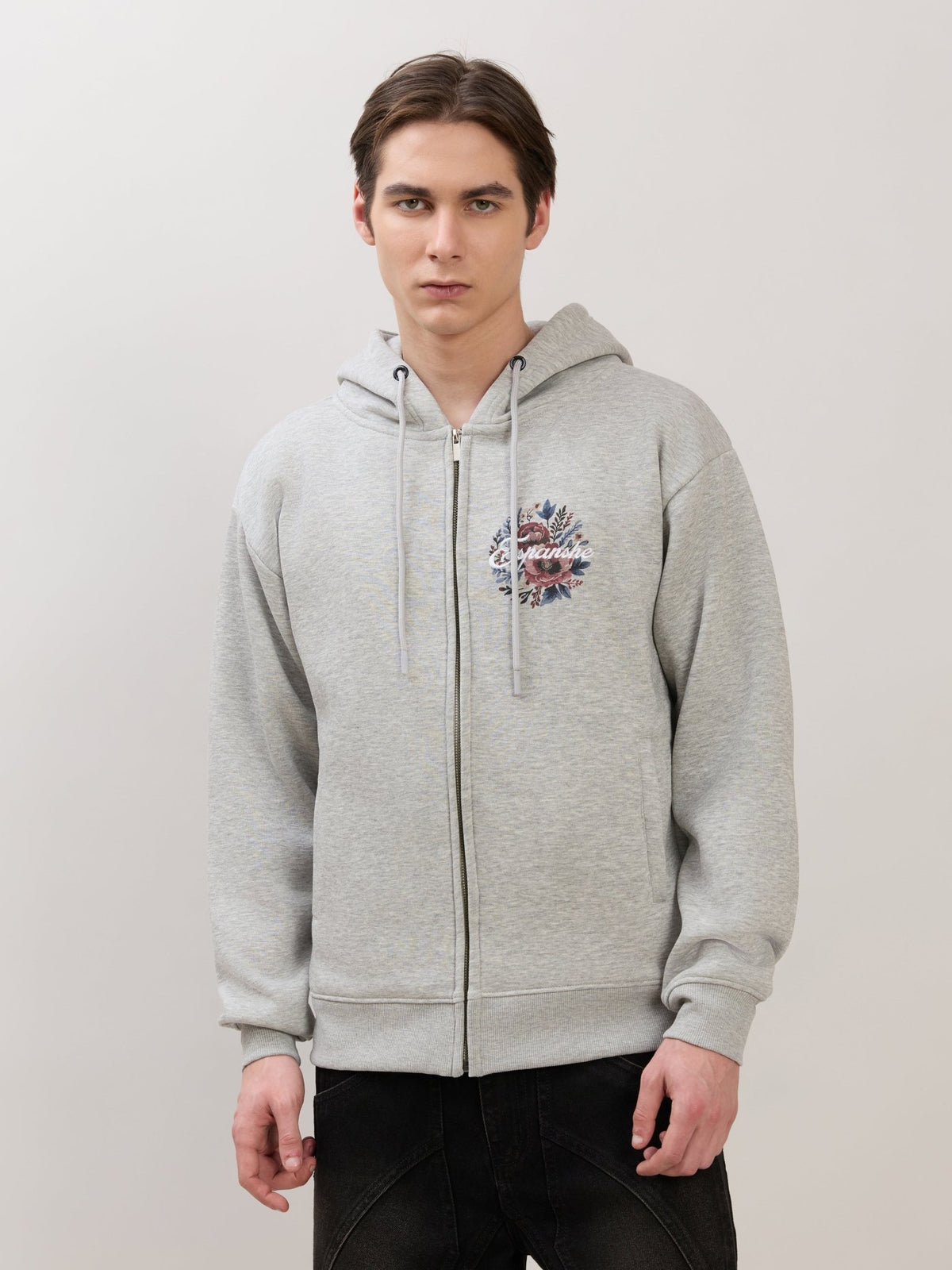 Apex - Relaxed Fit Printed Zipper Hoodies - Grey Milange - Espanshe