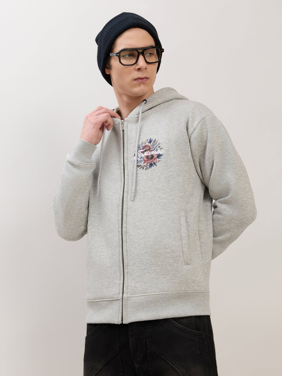 Apex - Relaxed Fit Printed Zipper Hoodies - Grey Milange - Espanshe