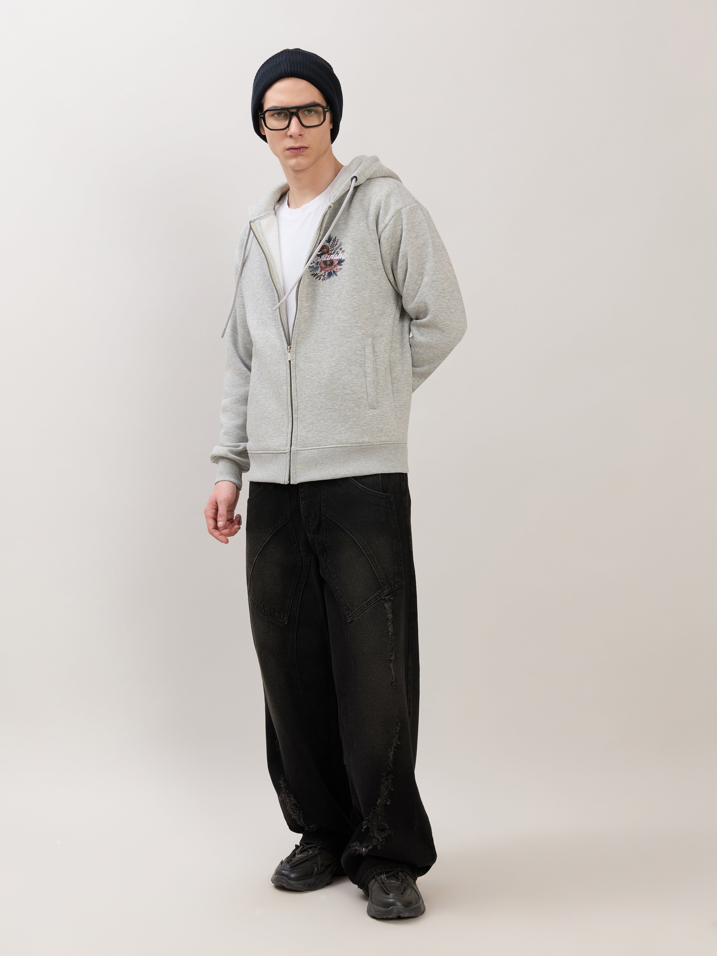 Apex - Relaxed Fit Printed Zipper Hoodies - Grey Milange