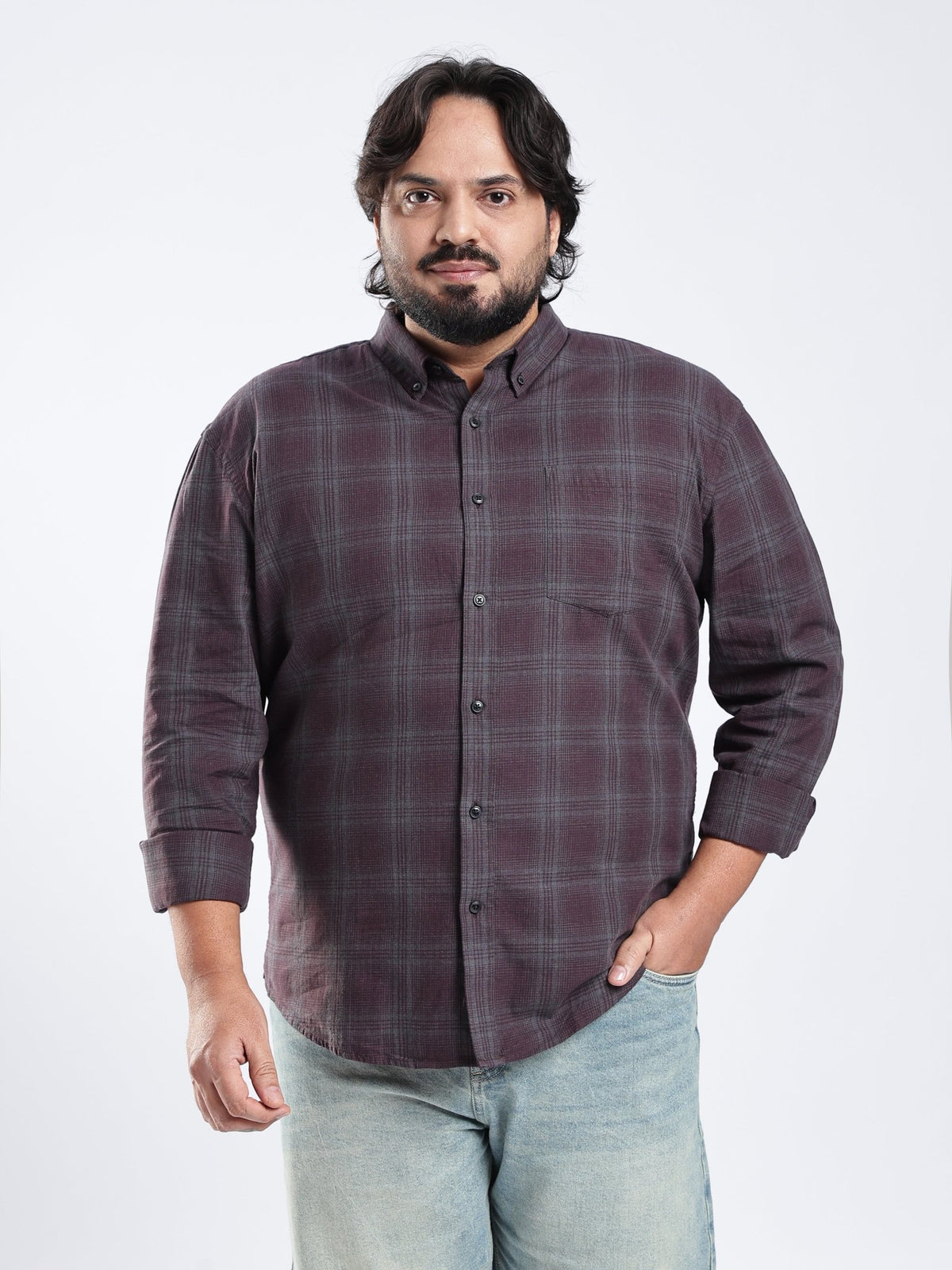 Rani - Relaxed Fit Checks Plus Size Shirt - Dark Plum - Espanshe