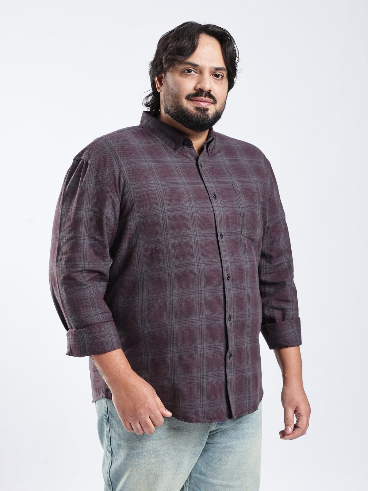 Rani - Relaxed Fit Checks Plus Size Shirt - Dark Plum - Espanshe