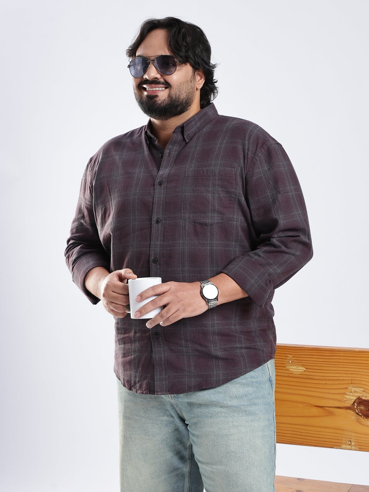 Rani - Relaxed Fit Checks Plus Size Shirt - Dark Plum - Espanshe