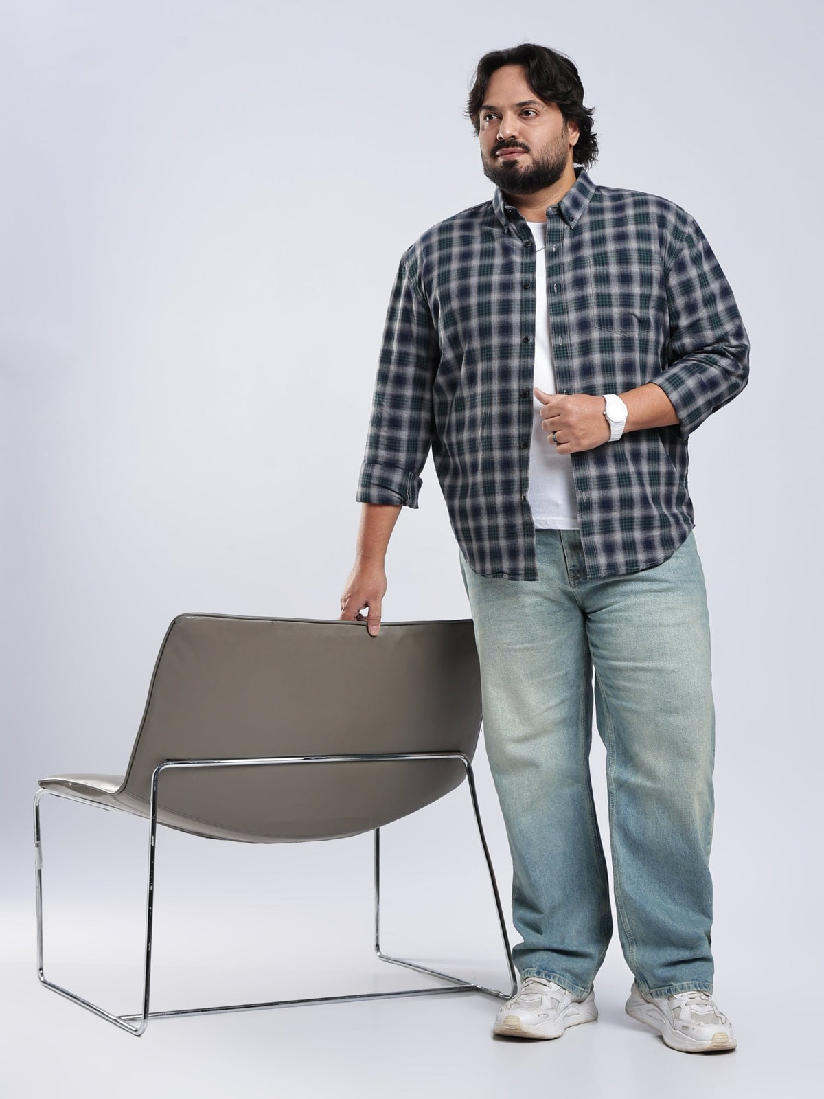 Rani - Relaxed Fit Checks Plus Size Shirt - Forest Green - Espanshe