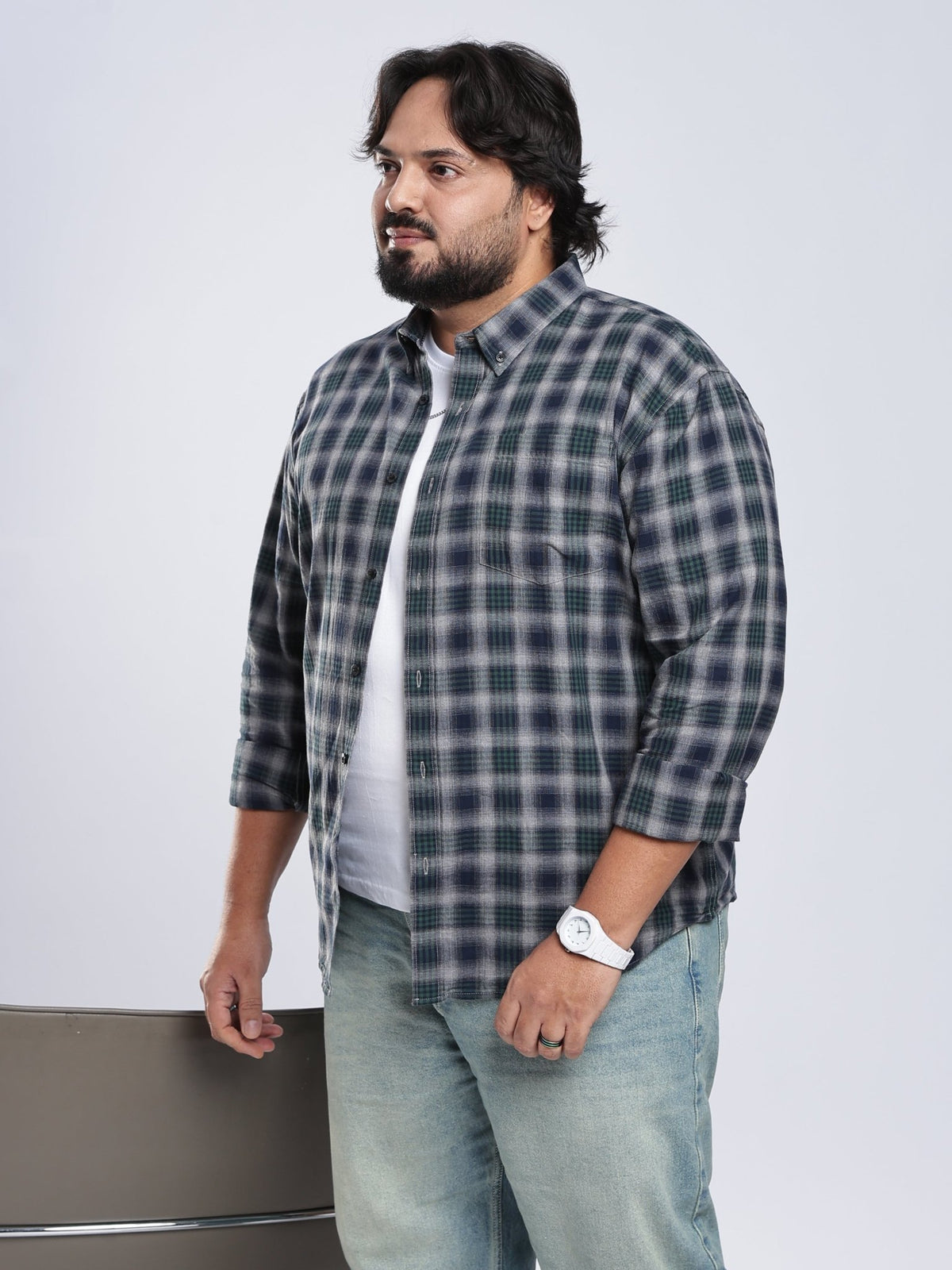 Rani - Relaxed Fit Checks Plus Size Shirt - Forest Green - Espanshe