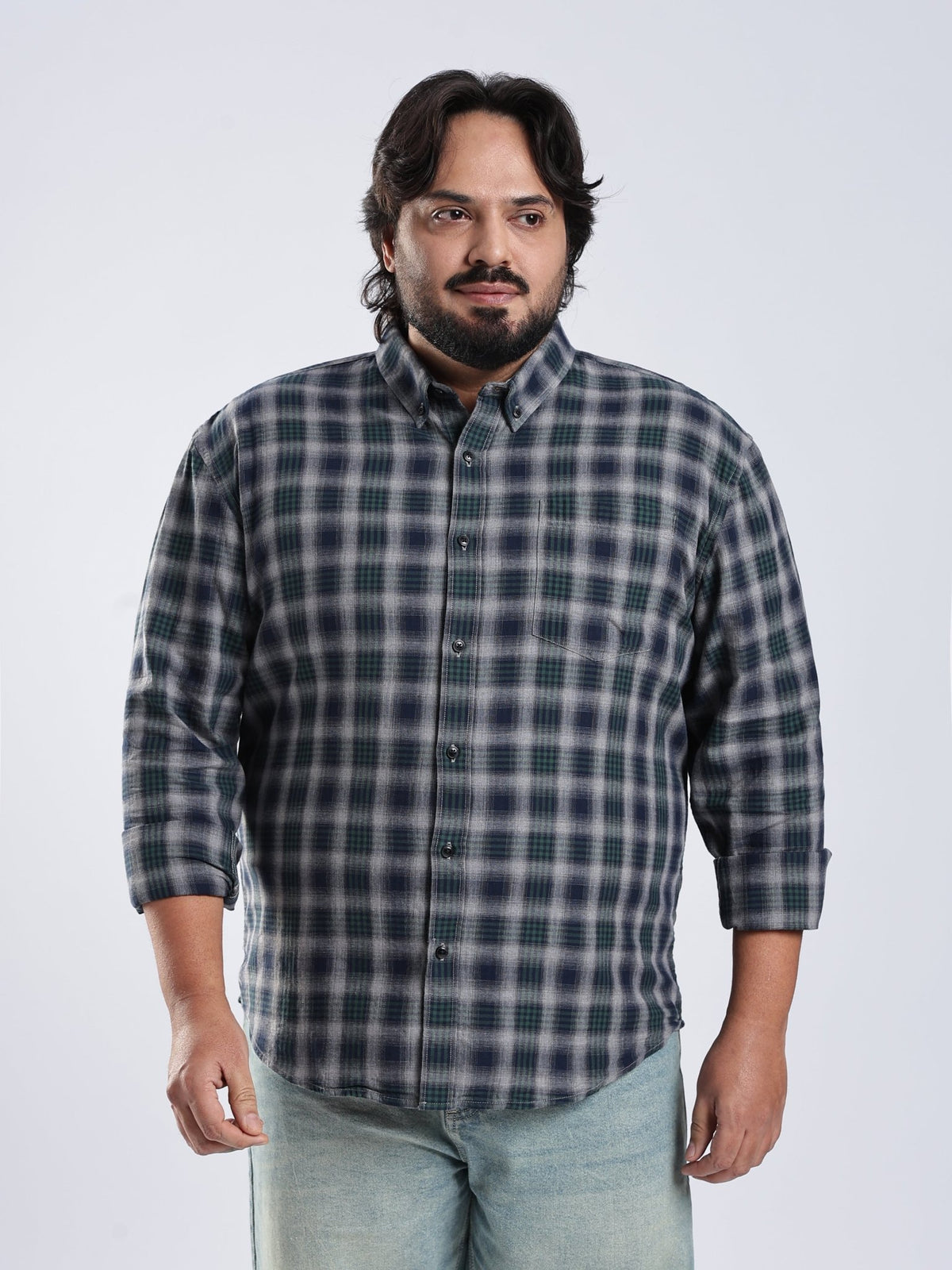 Rani - Relaxed Fit Checks Plus Size Shirt - Forest Green - Espanshe