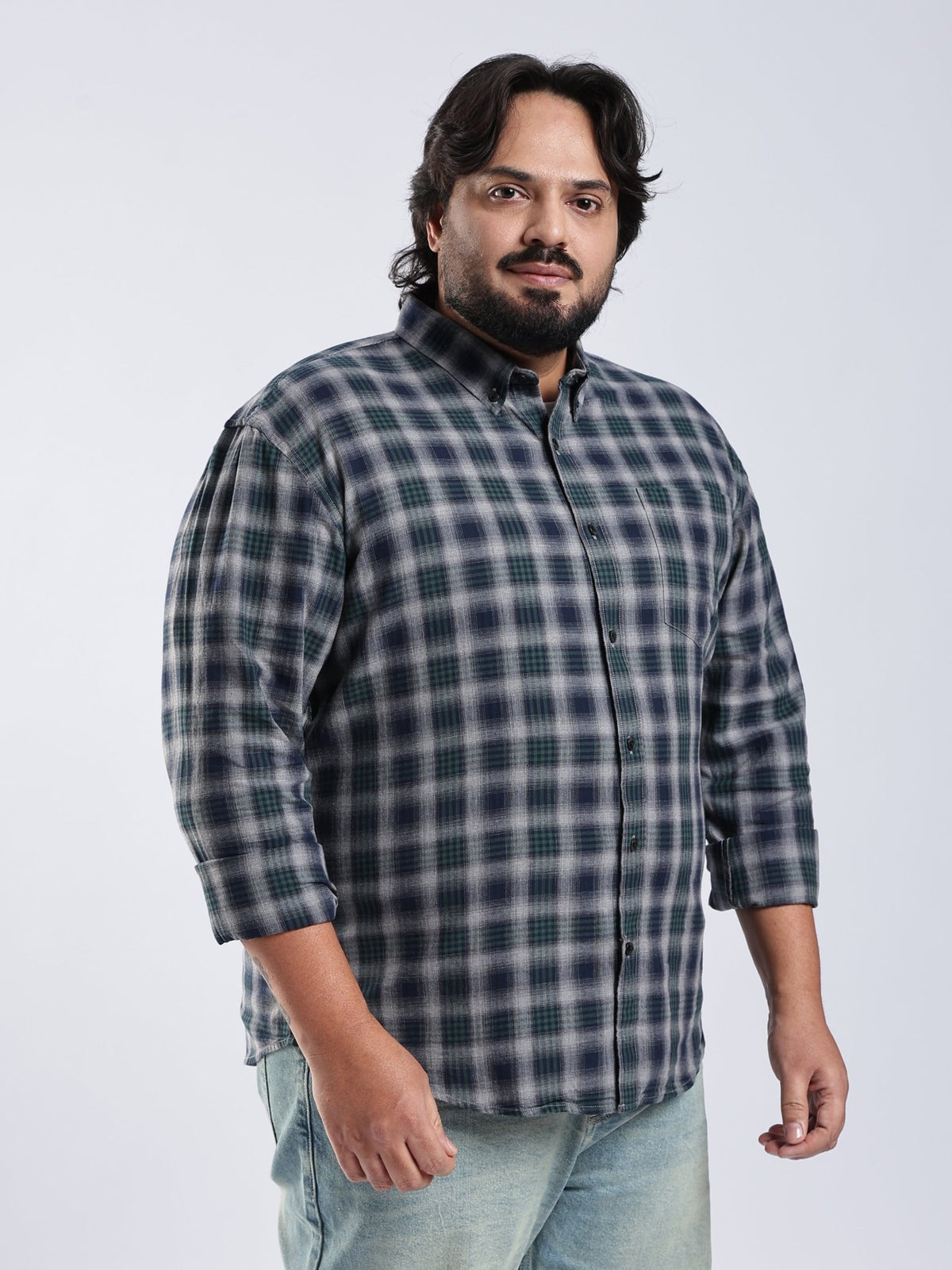 Rani - Relaxed Fit Checks Plus Size Shirt - Forest Green - Espanshe
