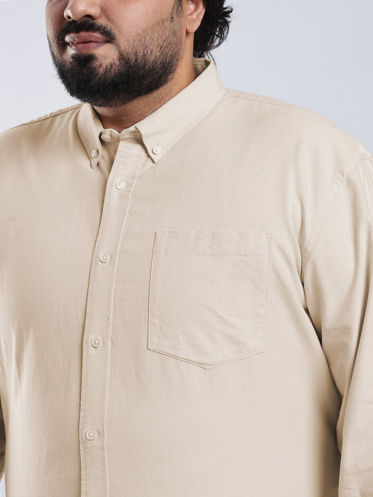 Telodo - Relaxed Fit Plain Plus Size Shirt - Light Beige - Espanshe