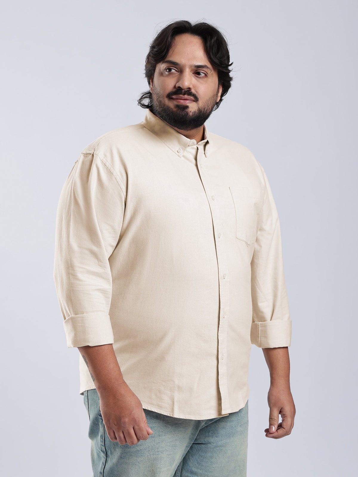 Telodo - Relaxed Fit Plain Plus Size Shirt - Light Beige - Espanshe