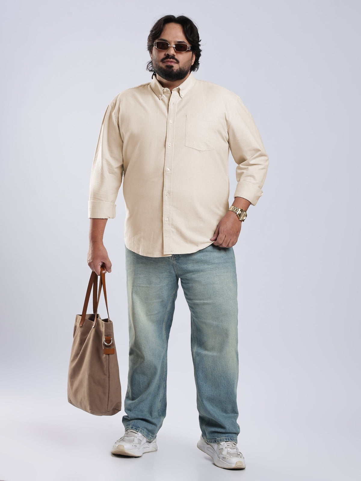 Telodo - Relaxed Fit Plain Plus Size Shirt - Light Beige - Espanshe