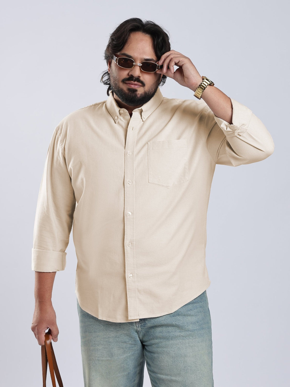 Telodo - Relaxed Fit Plain Plus Size Shirt - Light Beige - Espanshe