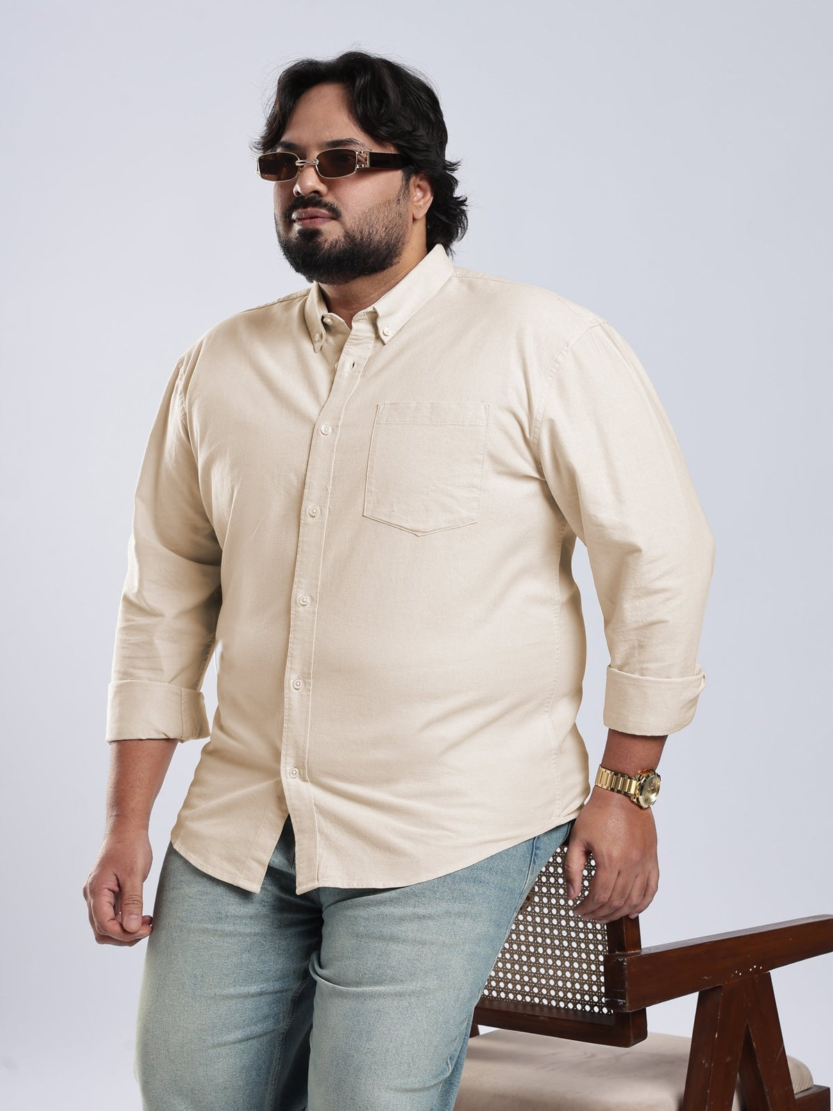 Telodo - Relaxed Fit Plain Plus Size Shirt - Light Beige - Espanshe